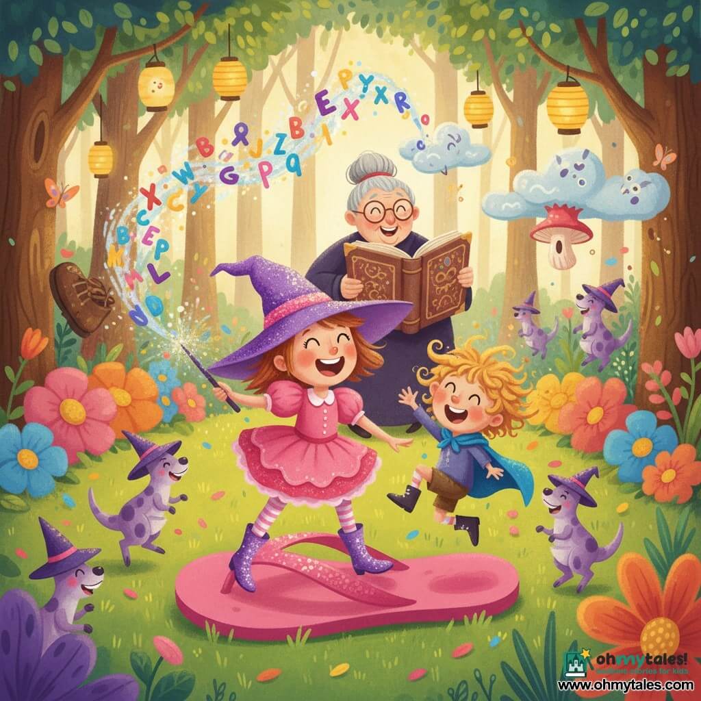A joyful 4-year-old apprentice witch named Tilly in a too-large sparkly purple hat, pink ruffled dress and shiny boots waves a sparkling wand to make colorful letters swirl; beside her a bouncy 5-year-old boy wizard, Wiggles, with curly hair and a blue cape hops on a giant magical pink flip-flop; behind them Granny Wigglebottom, an elderly kind witch with round glasses and a gray bun, laughs while holding an open spellbook; several small purple polka-dot magician kangaroos with tiny wizard hats bounce and laugh around, some on the flip-flop, all in a sunny forest clearing with painted trees, a ring of giant multicolored flowers, hanging lanterns, glowing butterflies and grassy petals; the scene shows a "Silly Spelling Bee" with painted letters flying like garlands and silly objects (a big shoe, a dancing mushroom) appearing, everyone having fun; soft gouache style, visible textures, bright contrasting colors and round playful strokes suited for 4-year-olds.
