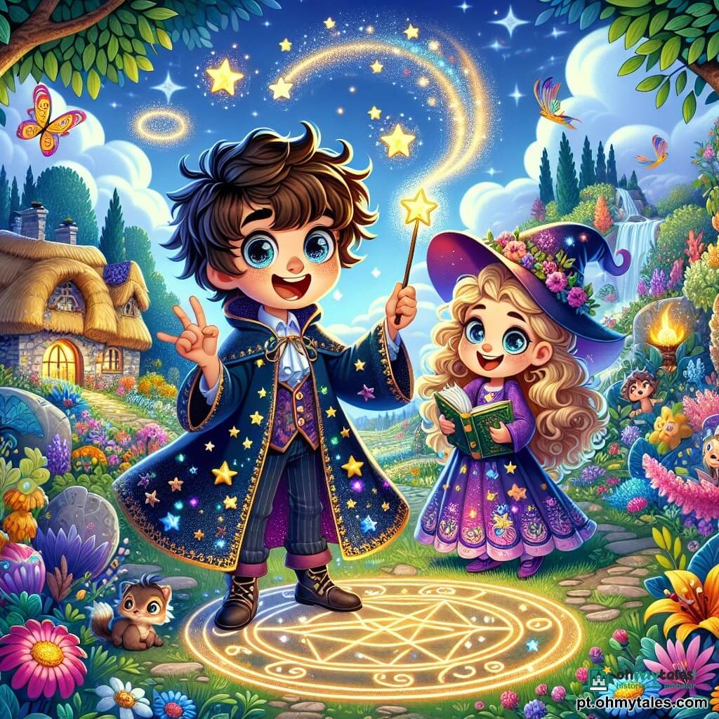 Tito, um jovem mago de cabelos desgrenhados e olhos brilhantes, está no centro, com uma expressão de surpresa e diversão. Ele usa uma robe de mago azul-escura decorada com estrelas douradas, segurando uma varinha mágica que brilha intensamente. Ao seu lado, Lila, uma jovem bruxa de cabelos longos e cacheados, cerca de 10 anos, sorri alegremente, vestida com uma robe roxa com padrões de flores mágicas, enquanto segura um livro de feitiços aberto. O cenário é um jardim encantado, cheio de plantas coloridas, flores falantes e borboletas luminosas. Ao fundo, há uma pequena casa de pedra com telhado de palha, cercada por árvores majestosas e um céu azul com nuvens fofas. A cena principal mostra Tito e Lila desenhando um círculo mágico no chão com um giz brilhante, enquanto um enorme balão colorido flutua acima deles, prestes a ser transformado em pedra. A atmosfera é cheia de magia e emoção, com brilhos e cores vivas que tornam a cena alegre e vibrante.