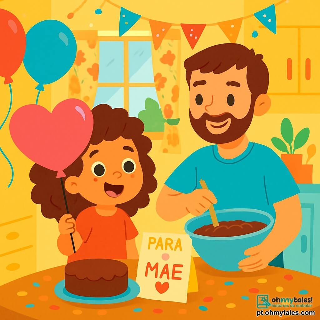 Uma menina de 4 anos, Lili, com cabelos cacheados e um grande sorriso, está em uma cozinha iluminada segurando um grande balão rosa em forma de coração. Seu rosto brilha de excitação e felicidade. Ao lado dela, seu pai, um homem na casa dos trinta anos com cabelos castanhos e uma barba leve, prepara um bolo em uma tigela grande, sorrindo orgulhosamente para a filha. A cozinha é colorida, com paredes amarelas, cortinas florais e uma mesa de madeira decorada com confetes coloridos. Lili e seu pai estão preparando uma surpresa para o Dia das Mães, cercados por balões flutuantes e guirlandas brilhantes, enquanto um doce aroma de bolo de chocolate preenche o ar.