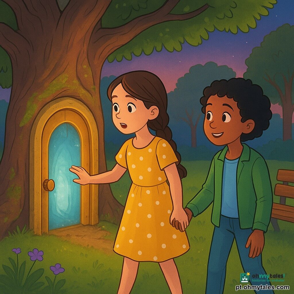 Duas meninas descobrem e abrem uma porta dourada escondida entre as raízes de um velho carvalho num parque urbano ao crepúsculo: Sofia, cerca de 10 anos, cabelo castanho longo em trança, vestido amarelo com bolinhas brancas, à esquerda e com a mão na maçaneta; Ana, cerca de 9 anos, cabelo curto e encaracolado preto, jaqueta verde e jeans, à direita segurando a mão de Sofia e sorrindo curiosa; a porta entreaberta deixa escapar um túnel azul-prateado que vibra com uma luz suave, musgo nas raízes, relva com flores roxas, banco de madeira gasto à direita, atmosfera mágica com cores saturadas, sombras longas e expressão de espanto nos seus rostos.