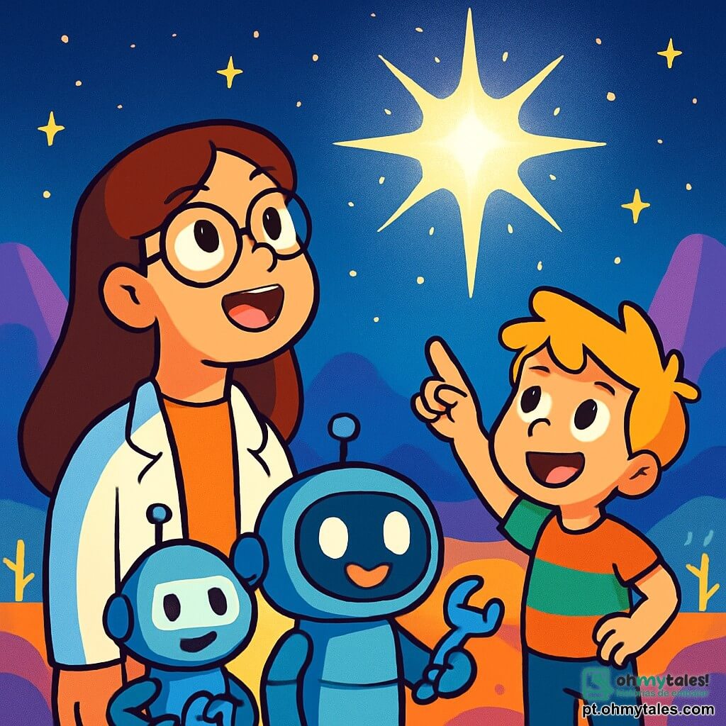 Uma cientista chamada Ana, com longos cabelos castanhos e óculos redondos, observa com admiração uma grande luz brilhante no céu estrelado. Seu rosto é iluminado pela curiosidade e excitação, e seus olhos brilham de aventura. Ao seu lado está Bibi, um pequeno robô de formas arredondadas, com olhos luminosos e um sorriso amigável, segurando uma ferramenta nas mãos metálicas, pronto para ajudar. Um pouco mais adiante, João, um garoto corajoso de cerca de 10 anos, com cabelos loiros bagunçados e uma camiseta colorida, aponta para a luz, seu rosto radiante de entusiasmo. A cena se passa em um novo planeta com paisagens fantásticas, montanhas coloridas, árvores com folhas cintilantes e um céu cheio de estrelas brilhantes. No centro da imagem, a luz misteriosa brilha intensamente, cercada por uma aura mágica. Ana, Bibi e João estão juntos, prontos para explorar essa luz fascinante que parece ser uma porta para um mundo desconhecido, cheio de promessas de aventuras extraordinárias.