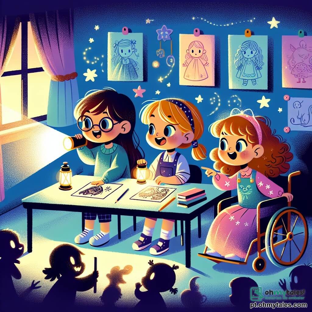 Em uma sala de aula escura, três meninas estão reunidas em torno de uma mesa. Ana, uma menina de 8 anos com cabelos castanhos e óculos, sorri corajosamente enquanto segura uma lanterna que ilumina sombras na sala. À sua direita, Lúcia, uma menina de 9 anos com cabelos loiros e uma cadeira de rodas colorida, aponta para uma sombra fascinante na parede, com os olhos brilhando de admiração. À esquerda, Sofia, uma menina de 7 anos com cabelos cacheados e um vestido rosa, observa curiosamente, segurando um desenho luminoso que encontrou na sala. A sala é escura, com paredes pintadas de azul claro e decorações de estrelas cintilantes. Desenhos de crianças estão pendurados nas paredes, e sombras dançam ao redor delas, criando uma atmosfera misteriosa e mágica. As meninas exploram o medo do escuro brincando com suas lanternas, descobrindo objetos brilhantes e se divertindo ao criar sombras engraçadas nas paredes. Seus risos ecoam na sala, transformando o medo em uma aventura alegre e cheia de descobertas.