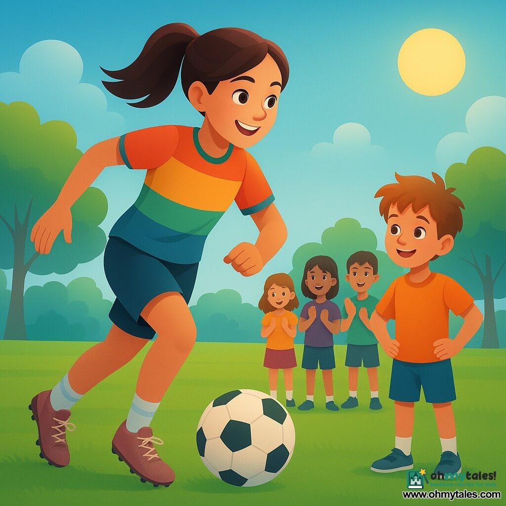 A young woman, Mia, is at the center of the image, smiling and full of energy, with brown hair tied in a ponytail. She is wearing a colorful soccer jersey, shorts, and worn-out sneakers, dribbling a soccer ball on a grassy field. Nearby, a small boy named Sam, about 8 years old, with tousled hair and bright eyes, watches Mia with admiration, hands on his hips, ready to cheer her on. A group of children, aged 7 to 10, stands in the background, smiling and clapping, captivated by Mia's talent. The setting is a sunny park, with a bright blue sky and lush trees surrounding the soccer field, creating a joyful and dynamic atmosphere. The main scene shows Mia in action, skillfully dribbling the ball while the children watch in awe, illustrating the inspiring moment where she shares her passion for soccer and motivates the young to pursue their dreams.