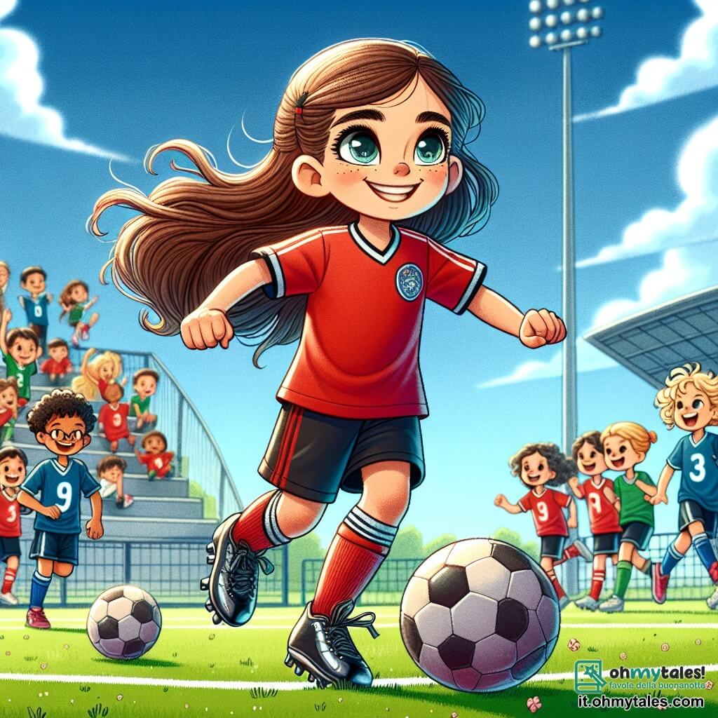 Al centro dell'immagine, Chiara, una ragazza di 10 anni, è in azione sul campo da calcio. Ha lunghi capelli castani raccolti in una coda di cavallo e un grande sorriso che esprime gioia e determinazione. Indossa una maglietta rossa con il logo della sua squadra, pantaloni corti neri e scarpe da calcio brillanti. Chiara dribbla la palla con agilità, i suoi occhi brillano di concentrazione. A sinistra di Chiara, Sofia, un'altra ragazza di 9 anni, corre verso di lei, pronta a ricevere il passaggio. Sofia ha capelli biondi ricci e indossa una maglietta blu, il suo viso è illuminato dall'eccitazione mentre urla per incoraggiare Chiara. Sullo sfondo, un gruppo di bambini di 8-12 anni è seduto sugli spalti, applaudendo e incoraggiando le loro eroine. Indossano t-shirt colorate e mostrano sorrisi entusiasti. Il campo da calcio è verde e ben curato, con linee bianche che segnano il terreno. Il cielo è blu con alcune nuvole bianche e il sole splende, creando un'atmosfera gioiosa e dinamica. La scena principale mostra Chiara che dribbla la palla con determinazione, pronta a segnare un gol decisivo, mentre le sue compagne e i bambini sugli spalti la incoraggiano con entusiasmo.