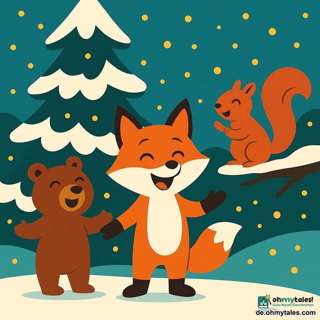 Finn, der junge Fuchs mit dem leuchtend roten Fell und den vor Freude strahlenden Augen, steht unter einer großen, majestätischen Tanne, die mit glitzerndem Schnee bedeckt ist, ein strahlendes Lächeln erhellt sein Gesicht. Neben ihm applaudiert Pia, das Eichhörnchen mit ihrem buschigen Schwanz und den schelmischen Augen, begeistert auf einem niedrigen Ast. Bruno, der braune Bärenjunges mit dem gütigen Blick, steht neben Finn mit offenen Armen, als wollte er die Szene umarmen. Im Hintergrund ist die verschneite Lichtung mit kleinen Glühwürmchenlichtern übersät, die eine märchenhafte Atmosphäre schaffen. Die Hauptsituation zeigt Finn und seine tierischen Freunde, die fröhlich im Chor singen, ihre Stimmen erheben sich in der eiskalten Luft, umgeben von einer warmen und festlichen Stimmung.