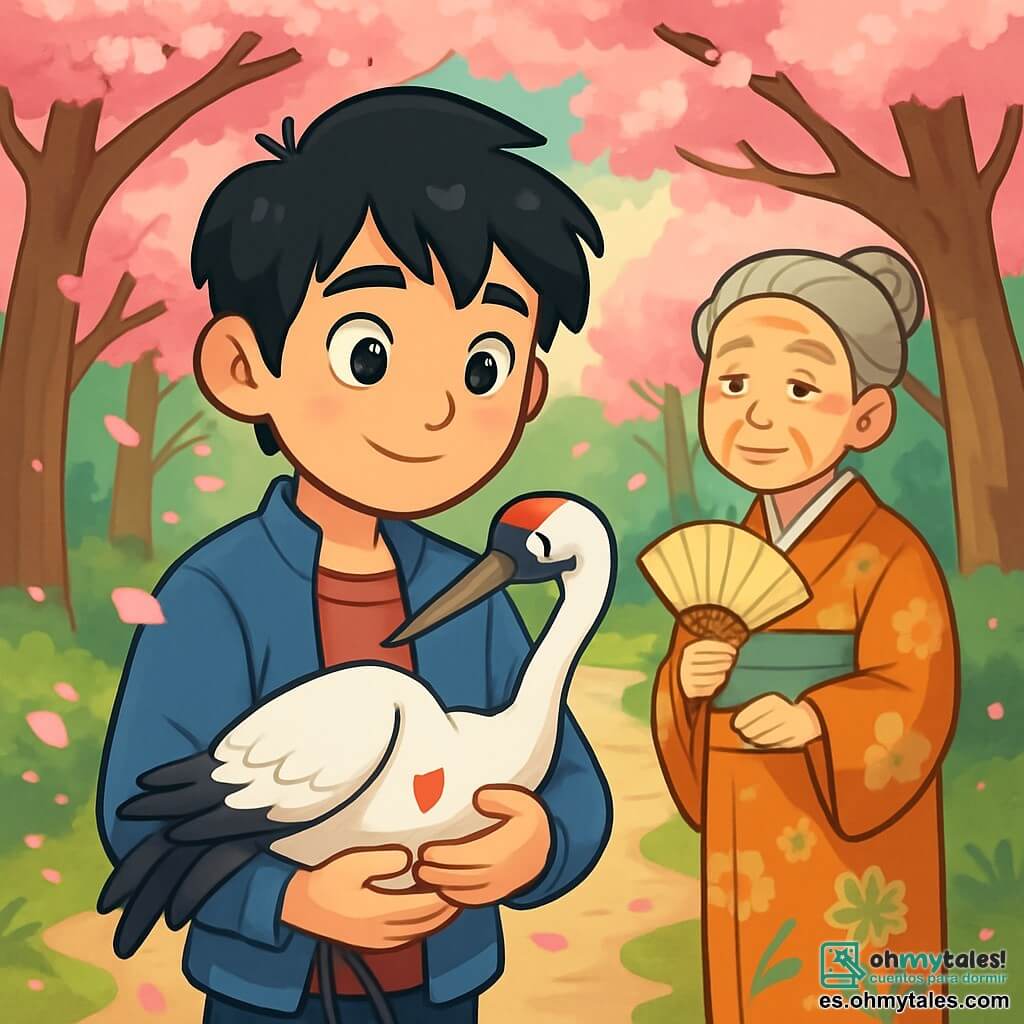 Haruto, un joven de cabello negro y ojos llenos de curiosidad, está de pie al borde de un sendero flanqueado por cerezos en flor. Su rostro expresa compasión, con una ligera sonrisa y mejillas sonrojadas. Sostiene delicadamente una grulla blanca herida en sus brazos, rodeada de pétalos rosas que caen como copos de nieve. Cerca, una anciana sabia de unos 70 años observa la escena con una mirada benevolente. Lleva un kimono tradicional con motivos florales y sostiene un abanico de bambú, añadiendo serenidad a la atmósfera. El lugar es un sendero pintoresco en un bosque japonés, donde los majestuosos árboles se alzan con ramas cargadas de flores rosas. El suelo está cubierto de pétalos y un suave rayo de sol filtra a través del follaje, creando una atmósfera mágica. La situación principal muestra a Haruto, emocionado y decidido, cuidando de la grulla herida, listo para ofrecerle su ayuda y descubrir las maravillas del mundo que lo rodea.