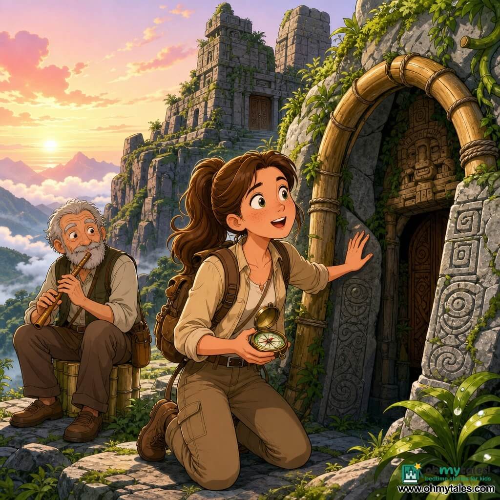 A young female explorer (about 20–25), round-faced with freckles, brown hair in a ponytail, smiling in wonder, wearing khaki pants, a beige jacket and worn backpack, touches an engraved stone with one hand and holds a shiny old compass in the other; an elderly man (about 65) with gray hair and short beard sits on a bamboo stump in the left background, kindly watching while playing a small wooden flute; on the mountain summit cracked gray rocks, green mossy vines and a small ancient stone temple with carved wooden doors partially overgrown with ferns and dewy drops; warm morning light, pink-and-gold sky and low clouds over the valley; the explorer has discovered the temple's secret entrance hidden behind a bamboo arch, her expression and posture conveying humble, confident wonder and adventure.