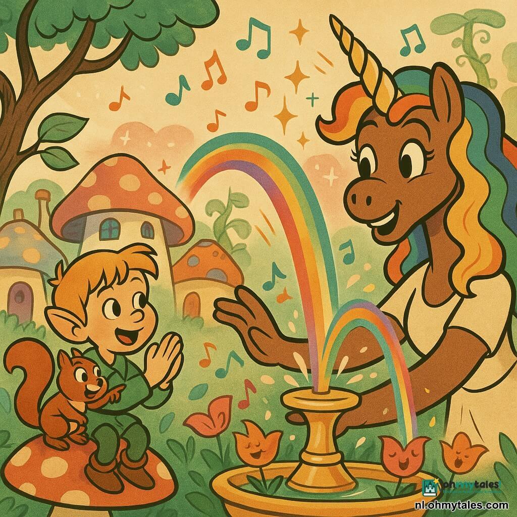 Een feestelijke, lichte scène in een dorp van gekleurde paddenstoelen met sporeehuizen en een pastelkleurige lucht: Luna de eenhoorn (vrouwelijk, zacht gezicht, stralende glimlach, krullende regenboogmanen, grote gouden spiraalhoorn) raakt de gouden fontein aan en doet er een regenboogwaterval uit spuiten terwijl ze vrolijk poseert; Tim, een elfje van ~9 jaar met puntige oren, warrig koperblond haar en eenvoudige groene kleding, klimt op een paddenstoel bij de fontein en klapt verwonderd; Sjoerd, pratende eekhoorn (klein, rond, roodbruine zijdezachte vacht, guitige ogen), zit op Tims schouder en wijst naar de fontein; rond de fontein zingen bloembladen en er staat op de achtergrond een reusachtige klimmende bonenstengel; muzieknootjes en glitter dwarrelen in de lucht.