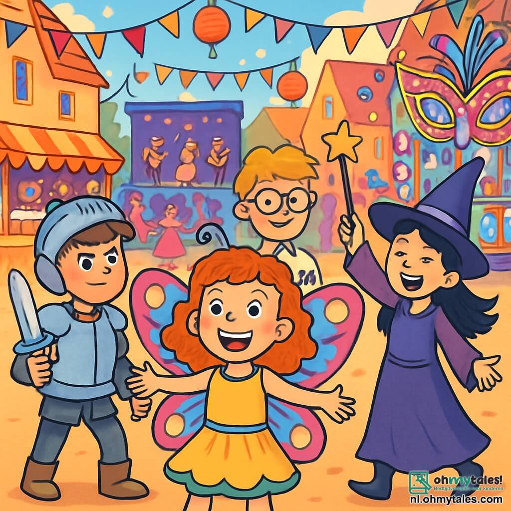 Er zijn 4 kinderen: - Lotte: een 10-jarig meisje met prachtige krullende rode haren en sproeten op haar gezicht. Ze draagt een vlinderkostuum met glinsterende vleugels en een stralende glimlach. Ze staat in het midden met open armen, verwonderd door het carnaval. - Sem: een 11-jarige jongen, groot en atletisch, met rommelig bruin haar. Hij is verkleed als ridder met een zilveren kartonnen harnas en een plastic zwaard. Hij staat links van Lotte, klaar om zijn vriendin te verdedigen met een vastberaden blik. - Farah: een 10-jarig meisje met zwart haar en sprankelende ogen. Ze draagt een paarse heksenkleed met een grote puntige hoed en houdt een toverstok vast. Ze staat rechts van Lotte, lachend en gebaren makend. - Bram: een 10-jarige jongen, iets kleiner dan Sem, met ronde bril en blond haar. Hij is verkleed als uitvinder met een jas vol gadgets en knoppjes die klikken. Hij staat achter Lotte, alles nieuwsgierig observerend. De locatie is een levendig dorpsplein, versierd met kleurrijke slingers en glinsterende lantaarns. Er zijn eetstands met taarten en snoepjes zichtbaar, en kinderen dansen rond een groot podium waar muzikanten vrolijke melodieën spelen. Flamboyante kostuums en glanzende maskers voegen magie toe aan de feestelijke sfeer. De belangrijkste situatie toont de vier vrienden in het hart van het carnaval, omringd door lach en kleuren. Lotte verwondert zich over een wagen versierd met spiegels en veren, terwijl Sem, Farah en Bram zich voorbereiden om de geheimen van het carnaval te ontdekken, allemaal verenigd door opwinding en vriendschap.