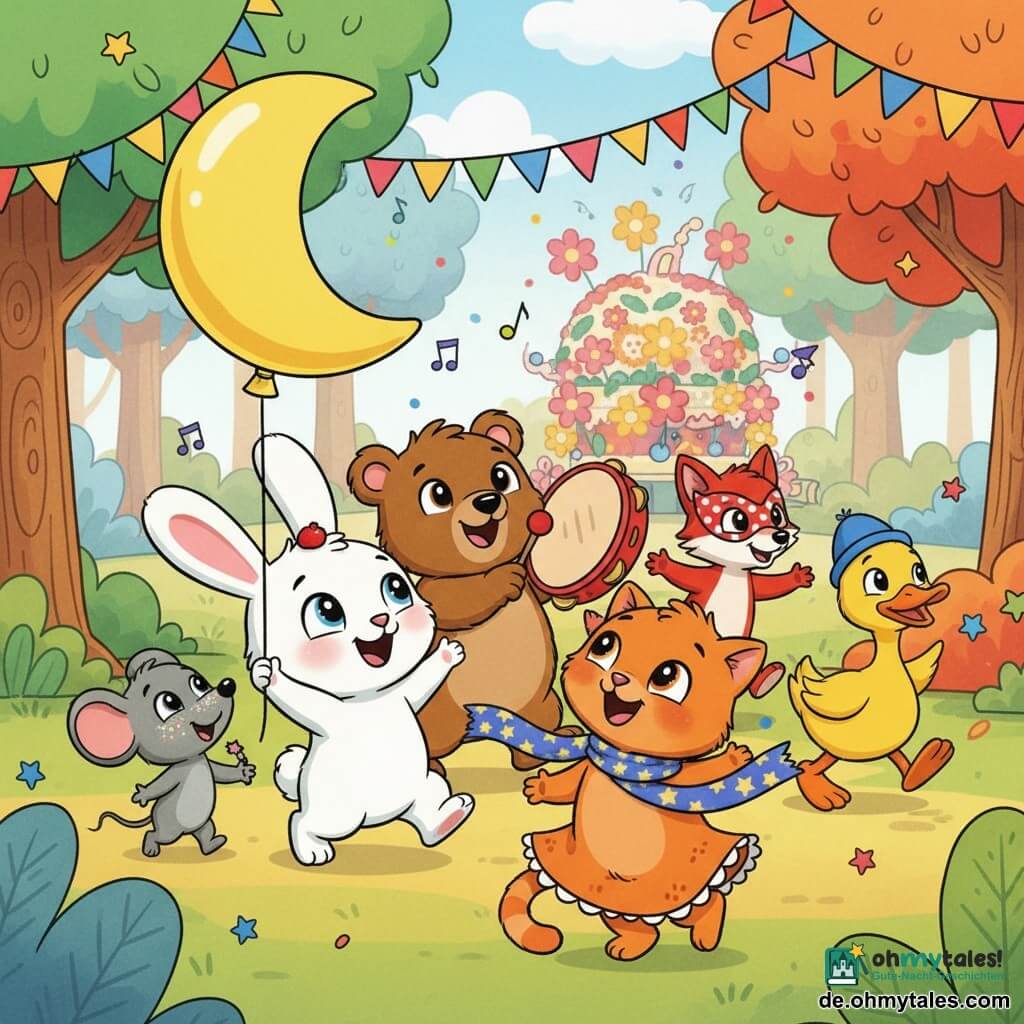 Die Hauptszene zeigt einen kleinen weißen Hasen namens Hopsi, fröhlich und staunend mit großen glänzenden Augen und einer kleinen roten Krume auf dem Kopf, der einen großen gelben Mondballon hält und zu diesem aufblickt; links von ihm eine graue Maus mit glitzernder Nase, die lächelnd eine Hand zum Teilen eines Bonbons ausstreckt; hinter Hopsi ein großer brauner Bär mit weichem Fell, der begeistert auf einer roten Trommel schlägt; rechts ein leuchtend gelber Enten mit blauem Hut, der „quak“ macht und im Takt geht; vorn eine orangefarbene Katze mit sternemusteratem Schal, die anmutig wirbelt und verschmitzt lächelt; dahinter ein roter Fuchs mit gepunkteter Maske, der leicht tanzend zuschaut; Schauplatz ist eine bunte Lichtung im „Tierwald“ mit runden Bäumen, mehrfarbigen Girlanden, sternförmigen Konfetti und einem großen blumengeschmückten Wagen im Hintergrund; die Situation ist ein tierischer Karneval mit Tanz und Teilen, sichtbarer Musiknoten, sanft fallendem Konfetti, weichem Licht, gesättigten Farben und einer festlichen, sicheren Atmosphäre.