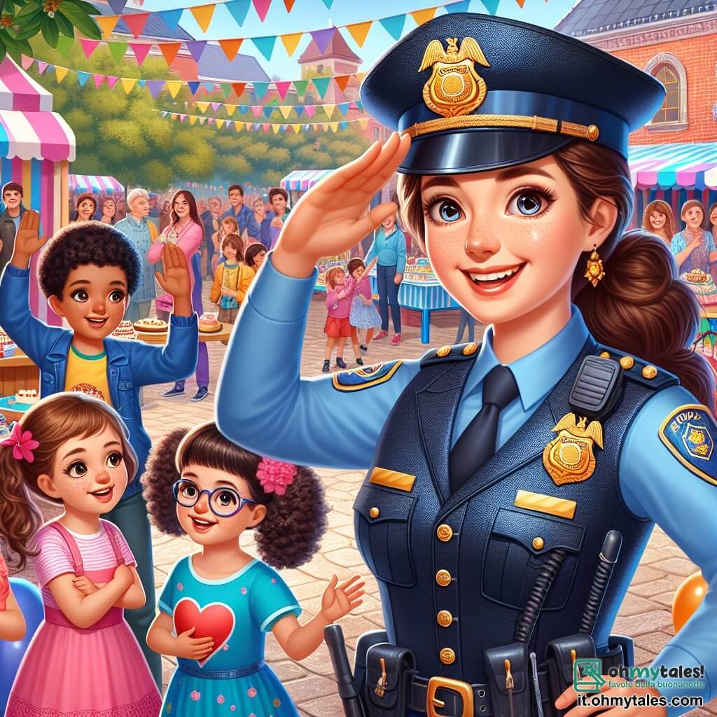 Una giovane poliziotta, Marta, è in piedi al centro della scena, sorridente e piena di energia. Indossa una brillante uniforme blu scuro con un distintivo dorato, un cappello ben aderente e stivali neri. I suoi capelli castani sono raccolti in una coda di cavallo e i suoi occhi brillano di determinazione e gioia. Alla sua destra, un gruppo di tre bambini, due ragazze e un ragazzo di circa 8 anni, la osserva con curiosità. La prima ragazza ha capelli biondi ricci e indossa un vestito rosa, alza la mano per fare una domanda. La seconda ragazza, con capelli castani e occhiali, tiene un pallone rosso e sorride. Il ragazzo, con capelli neri e una maglietta blu, saluta. La scena si svolge in una grande piazza animata, decorata con festoni colorati e stand di giochi. Famiglie si riuniscono attorno a tavoli con dolci e bevande, mentre un grande albero con foglie verdi offre ombra. Marta, entusiasta, spiega ai bambini l'importanza della sicurezza, mostrando il suo distintivo. I bambini ascoltano attentamente, affascinati dalla sua storia e dal suo ruolo di protettrice.