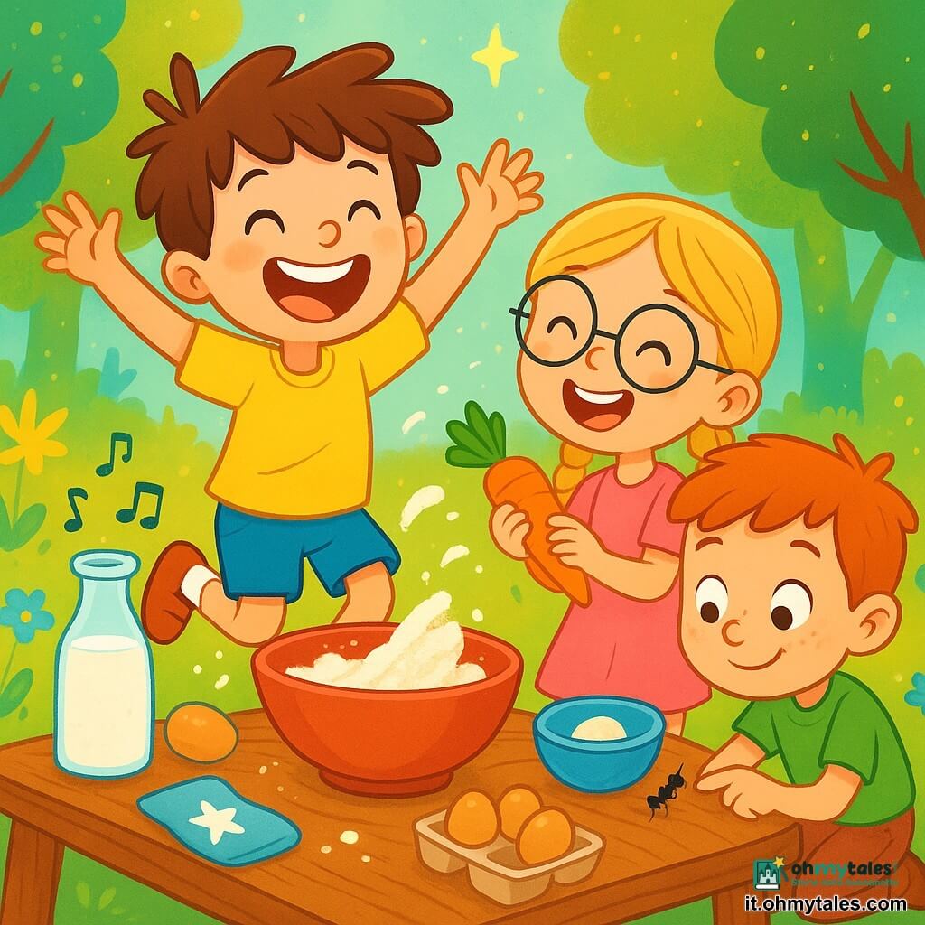 Un ragazzo di 6 anni, Giulio, con i capelli castani in disordine e un grande sorriso gioioso, sta saltando di gioia davanti a un tavolo pieno di ingredienti colorati per biscotti magici. Accanto a lui, la sua migliore amica Lella, una ragazza di 6 anni con trecce bionde e occhiali rotondi, ride di gusto tenendo una carota in mano. Tommi, un ragazzo di 6 anni con i capelli rossi e lentiggini, è accovacciato, parlando a una piccola formica che sale sul suo dito. Il luogo è un bosco incantato, circondato da alberi con foglie scintillanti e fiori multicolori che danzano nel vento. Al centro, un grande tavolo di legno è coperto di farina che sembra danzare, latte che canta note gioiose e uova che saltellano. La scena principale mostra Giulio e i suoi amici pronti a iniziare un'avventura golosa, circondati da un'atmosfera festosa e magica, dove tutto sembra vivo e pieno di risate.