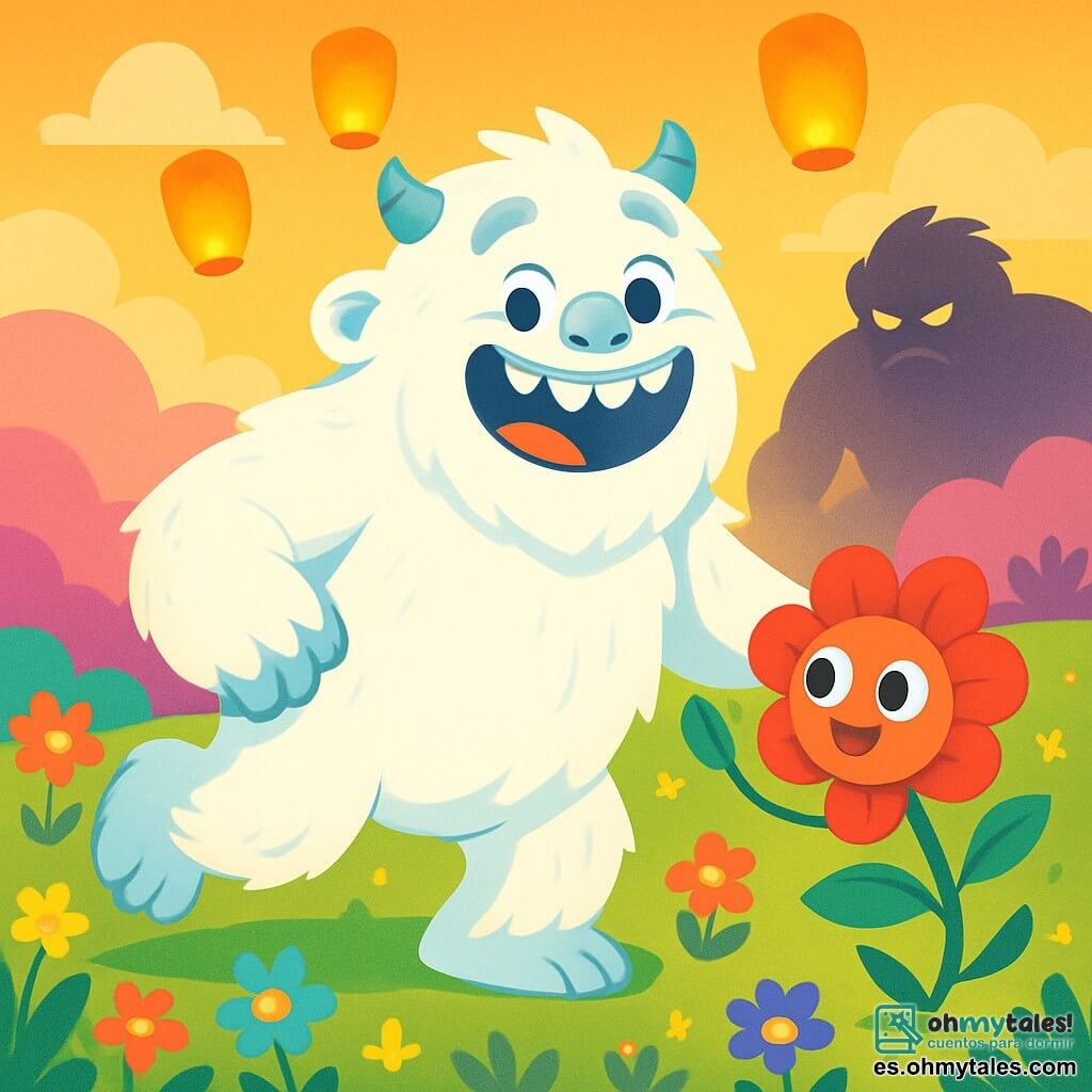 Un yeti suave y peludo, llamado Pum, se encuentra alegremente en el centro de la escena. Es grande y robusto, con un pelaje blanco brillante y ojos redondos que brillan de curiosidad. Pum sonríe ampliamente, mostrando sus grandes dientes amistosos, y baila sobre sus patas traseras, rodeado de flores coloridas que también bailan con él. A su lado, una pequeña flor de pétalos rojos y verdes, con ojos redondos y chispeantes, salta alegremente, pareciendo traviesa y feliz, extendiendo una de sus hojas hacia Pum, como invitándolo a seguir bailando. El fondo es una llanura mágica, vibrante de colores: colinas de nubes rosas y campos de flores brillantes que cambian de forma. Farolitos luminosos flotan en el aire, iluminando el paisaje con una suave luz dorada. La escena principal muestra a Pum y la flor bailando juntos, celebrando la magia de la amistad y la alegría, mientras una sombra amenazante, Grislac, se perfila a lo lejos, pero Pum no parece preocupado, lleno de felicidad y determinación, listo para compartir su alegría con todos.