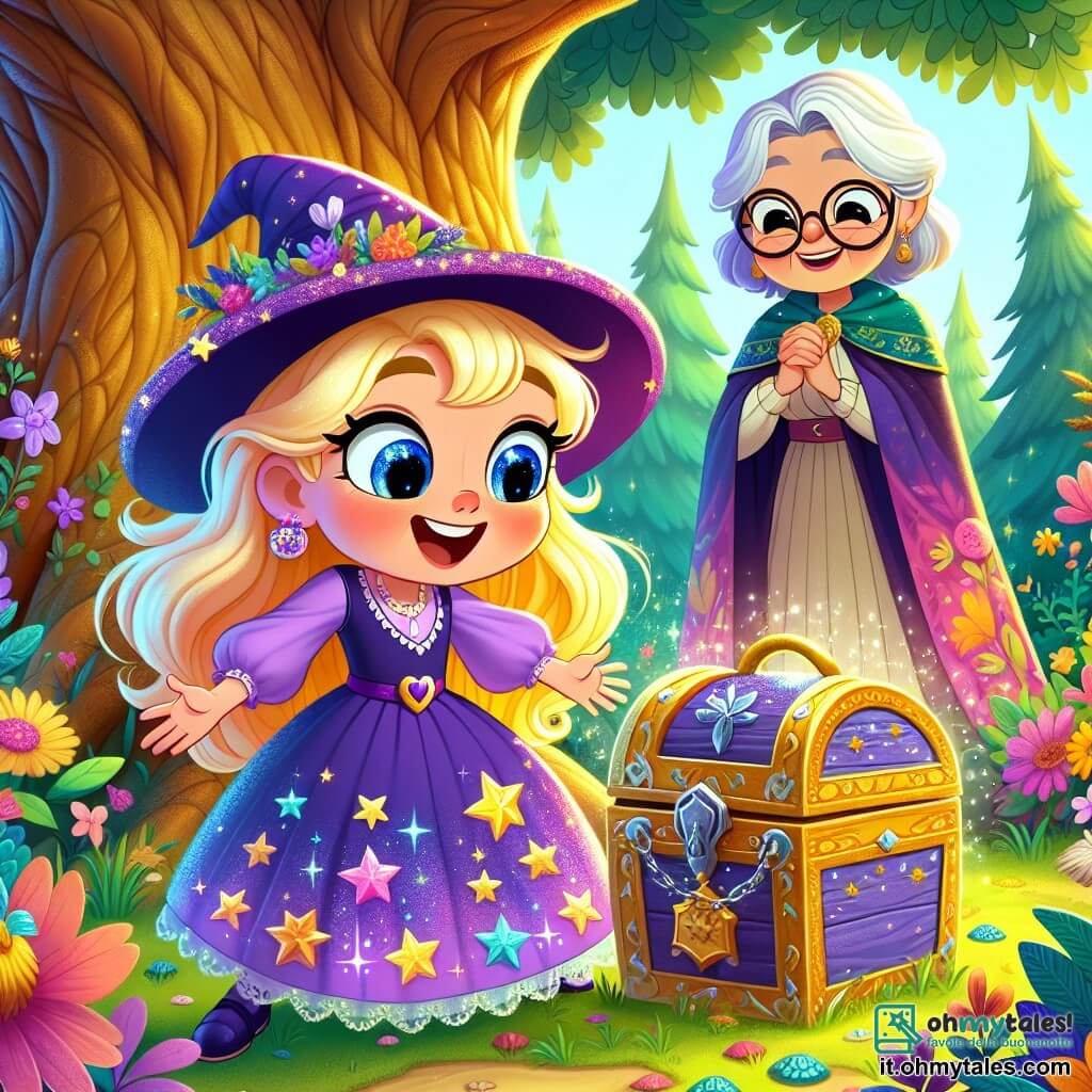 Una giovane apprendista strega, Luna, di sei anni, con capelli dorati che brillano al sole, un grande sorriso gioioso e occhi blu scintillanti, si trova davanti a una grande quercia. Indossa un vestito viola decorato con stelle scintillanti e un cappello a punta. Luna guarda con meraviglia un piccolo scrigno d'argento che ha appena scoperto, con le mani tese verso di esso, piena di eccitazione. Accanto a lei, la nonna Stella, una donna anziana con capelli argentati e occhiali rotondi, sorride orgogliosa. Indossa un lungo vestito e un velo colorato, rimanendo leggermente in disparte, osservando la nipotina con tenerezza. Il luogo è una radura incantata, immersa in luce dorata, circondata da fiori colorati e alberi maestosi. Il terreno è coperto di foglie verdi e petali multicolori, creando un'atmosfera magica. La scena principale mostra Luna che scopre lo scrigno d'argento sotto l'antica quercia, pronta ad aprire il cofanetto che potrebbe rivelare un segreto magico, mentre la nonna la incoraggia con un sorriso caloroso.