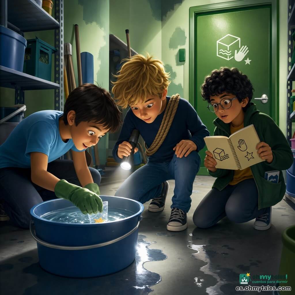 Hay tres niños: a la izquierda, un niño de unos 10 años, cabello castaño corto, arrodillado frente a un gran cubo azul con la mano en el agua sacando una pequeña bolsita plástica brillante; en el centro, justo detrás del cubo, un niño de unos 11 años, cabello rubio alborotado, con una linterna plateada apuntando al cubo observando con curiosidad; a la derecha, ligeramente en segundo plano, un niño de unos 10 años, cabello negro rizado y gafas redondas, con una libreta pequeña abierta donde apunta un pictograma. Lugar: un pasillo de trastero de edificio iluminado por neones suaves, paredes verde pálido con manchas de pintura, suelo de hormigón con gotas de agua brillantes, estanterías metálicas con cubos y escobas y una puerta verde al fondo con un pictograma pegado (cubo de agua, mano, estrella). Situación: los tres pequeños aventureros descifran un misterio: una mano dentro del cubo de agua saca una pegatina de estrella dorada que brilla bajo la superficie; la linterna revela reflejos plateados en el agua, los rostros muestran concentración y asombro, atmósfera calma y ligeramente misteriosa, colores saturados pero suaves y texturas lisas en degradado.
