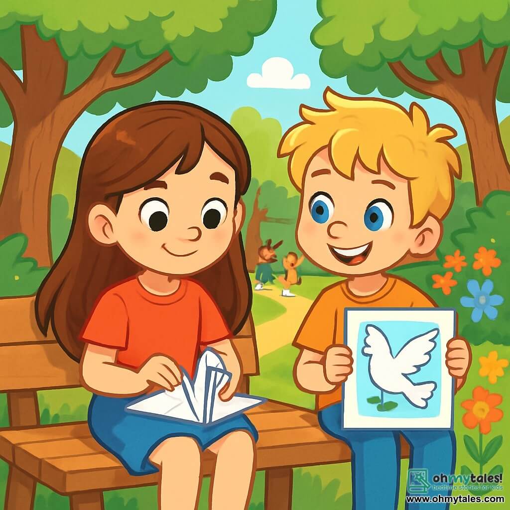 An 8-year-old girl, Mia, with long brown hair and sparkling eyes, is sitting on a bench in a lush park, her face shining with determination and hope. She carefully folds a piece of paper into the shape of a crane, her small delicate hands focused on each crease. Next to her, her friend Tom, an 8-year-old boy with messy blonde hair and a warm smile, watches her with admiration, holding a colorful drawing of a dove in his hands. The park is filled with tall trees with vibrant leaves, and the sun shines through the branches, casting dancing shadows on the ground. Colorful flowers line the path, adding a touch of magic to the setting. Mia and Tom are working together to create symbols of peace, surrounded by a joyful and friendly atmosphere, while other children play nearby, laughing and having fun.