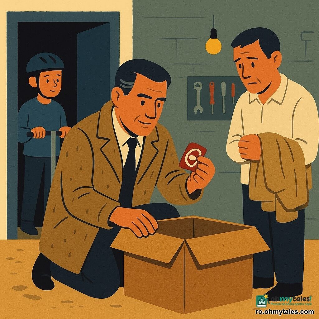 Un detectiv de vârstă medie, față pătrată, păr șaten-cenușiu, palton maro deschis ușor umed, genuflexionat lângă o cutie mare deschisă ținând cu grijă un ecuson roșu și alb; un vecin adult, ~45 ani, păr brăzdat de gri, cămașă simplă, stând lângă cutie cu o pătură bej înfășurată pe brațe, jenat dar ușurat; un băiat de ~12 ani în echipament de trotinetă, cu cască în mână, curios în pragul garajului; interiorul garajului cu pereți de beton, rafturi metalice, scule aliniate, lumină galbenă caldă și podea prăfuită cu urme; scenă principală: descoperirea și returnarea ecusoanelor de maraton — atmosferă calmă și intimă, gesturi grijulii, compoziție simplă și clară pentru copii.
