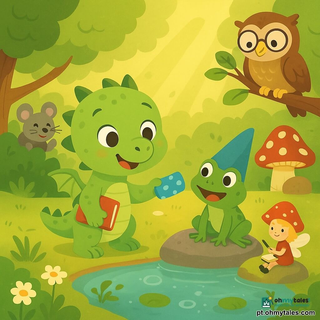 Lila, uma pequena dragona verde de cinco anos, sorri confiante segurando um caderninho vermelho e oferecendo uma grande borracha azul com pontos prateados a Bingo, um sapinho saltitante de chapéu azul, sentado numa pedra úmida do lavadouro; Sissi, uma minúscula fada dos cogumelos de chapéu vermelho com bolinhas brancas, desenha uma borboleta sentada num cogumelo à margem; Pipo e Pupa, dois ratinhos grisalhos gémeos, riem atrás de um arbusto à esquerda; Corina, uma coruja sábia empoleirada acima, limpa os óculos com uma folha; ao centro um lavadouro de pedra com água clara, bolhas de sabão, algas e flores silvestres; cena com Lila a devolver a borracha a Bingo, amigos reunidos, atmosfera calorosa e festiva, cores vivas e formas arredondadas.