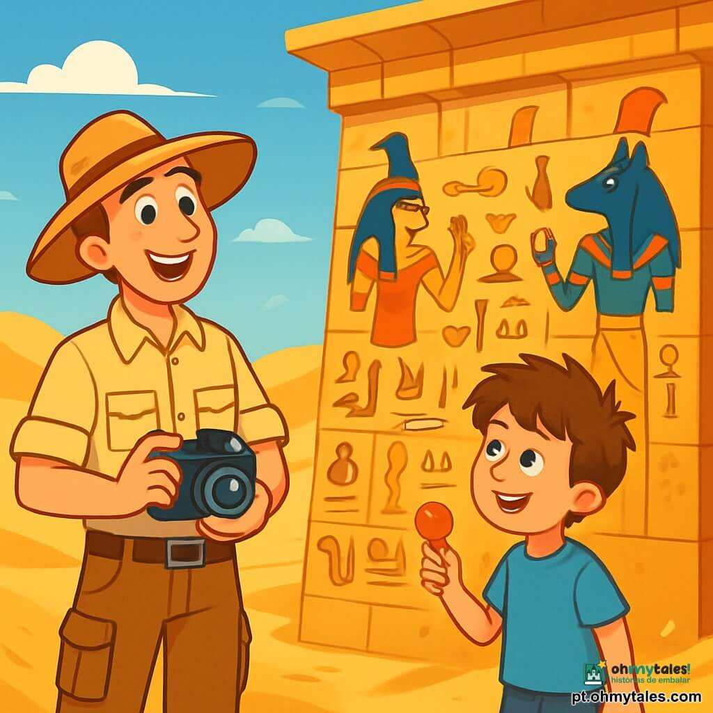 Um arqueólogo chamado Samuel está em pé diante de um antigo templo egípcio, com um sorriso maravilhado no rosto. Ele usa um chapéu de palha largo, uma camisa bege e uma calça cargo, segurando uma máquina fotográfica. Ao seu lado, um menino de dez anos, Nabil, com olhos brilhantes e um doce vermelho na mão, observa fascinado os hieróglifos na pedra. Nabil tem cabelos castanhos bagunçados e veste uma camiseta azul e um short. O majestoso templo é feito de grandes pedras douradas, adornadas com desenhos coloridos de deuses egípcios, e se ergue no meio de um vasto deserto de areia dourada, sob um céu azul radiante. A cena transmite uma atmosfera de aventura e descoberta, com dunas de areia ondulantes ao fundo e uma brisa leve levantando alguns grãos de areia ao redor deles. Samuel e Nabil estão explorando e fotografando os mistérios do passado, cheios de empolgação e curiosidade.