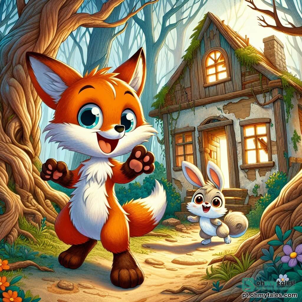 Um pequeno raposo curioso chamado Foguinho, com pelagem laranja viva e olhos brilhantes de excitação, está diante de uma velha casa abandonada, com as patas levantadas como se estivesse pronto para explorar. Ao lado dele, uma coelhinha chamada Lili, com grandes orelhas e pelagem branca, salta de alegria, seu rosto radiante de entusiasmo. Um pequeno esquilo chamado Pipo, com pelagem marrom e um rabo peludo, observa ao redor com olhos arregalados, mostrando uma expressão de intensa curiosidade. A cena se passa em uma floresta encantada, onde grandes árvores de troncos tortuosos cercam a casa, e flores coloridas crescem no chão. A casa, com suas janelas empoeiradas e uma porta rangente, emana uma atmosfera misteriosa, enquanto um raio de sol atravessa os galhos, iluminando o caminho para a aventura. Foguinho, Lili e Pipo se preparam para entrar na casa, cheios de excitação e antecipação, prontos para descobrir os segredos escondidos dentro.
