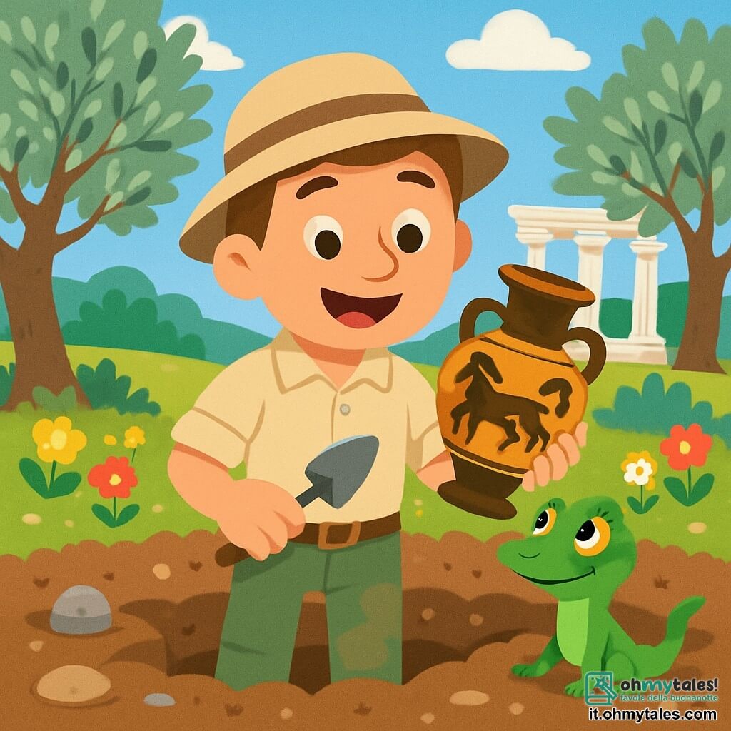 Un archeologo di nome Paolo è in piedi in un campo di scavi soleggiato, con un grande sorriso meravigliato sul volto. Indossa un cappello beige, una camicia a maniche corte e pantaloni leggeri, e tiene una piccola pala in una mano e un antico vaso nell'altra. Accanto a lui, una piccola lucertola verde di nome Lina, con occhi brillanti e curiosi, osserva attentamente il vaso. Il luogo è un sito archeologico in Grecia, circondato da ulivi con foglie argentate e fiori colorati. Il terreno è coperto di terra marrone, punteggiato di pietre e detriti antichi. La scena principale mostra Paolo che ha appena scoperto un vaso decorato con motivi di cavalli, che esamina con entusiasmo, mentre Lina, la lucertola, è pronta ad aiutarlo in questa incredibile avventura.