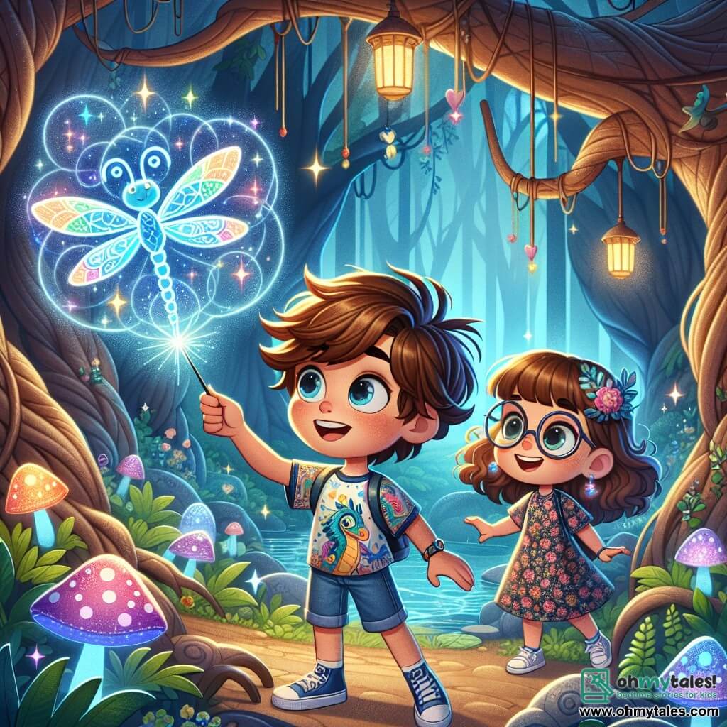 A 10-year-old boy, Benny, with tousled brown hair and sparkling curious eyes, stands in front of a stunning floating holographic map. He wears a colorful t-shirt with dragon patterns and denim shorts, his face beaming with excitement and wonder as he touches the dragonfly-shaped gadget glowing in his hand. Beside him is his best friend Lila, a 10-year-old girl with curly brown hair and round glasses, watching the map with an enthusiastic smile. She is wearing a floral dress and sneakers, hands on her hips, ready for adventure. Their surroundings are an enchanted forest, with twisted trees and shimmering leaves rising around them. Glowing mushrooms emit a soft light, and pixelated birds fly overhead, adding a touch of magic to the scene. The main situation shows Benny and Lila discovering a holographic map guiding them to the mysterious Crystal Cavern, filled with excitement and anticipation for their next adventure.