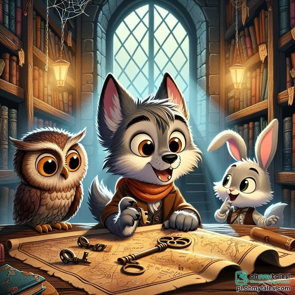 Mały wilk o imieniu Witek, z szarym futrem i błyszczącymi od ciekawości oczami, siedzi przy drewnianym stole w starej bibliotece. Wygląda na podekscytowanego i zaintrygowanego, trzymając w łapie mały, stary kluczyk. Obok niego sowa o imieniu Zosia, z dużymi okrągłymi okularami i brązowym upierzeniem, uważnie obserwuje, jej oczy szeroko otwarte z zaskoczenia. Mały królik o imieniu Franek, z długimi białymi uszami, pochyla się do przodu, jego twarz rozświetlona entuzjazmem, wskazując palcem na pożółkłą mapę leżącą na stole. Biblioteka jest wypełniona dużymi ciemnymi półkami, załadowanymi kolorowymi książkami, z promieniami światła filtrującymi przez duże zakurzone okna. Delikatne pajęczyny wiszą w rogach, dodając atmosferze tajemniczości. Troje przyjaciół odkrywa starożytny sekret, zafascynowani zagadką zapisaną na mapie, gdy przygotowują się do rozwiązania tajemnicy tajemniczej skrzynki, którą znaleźli.