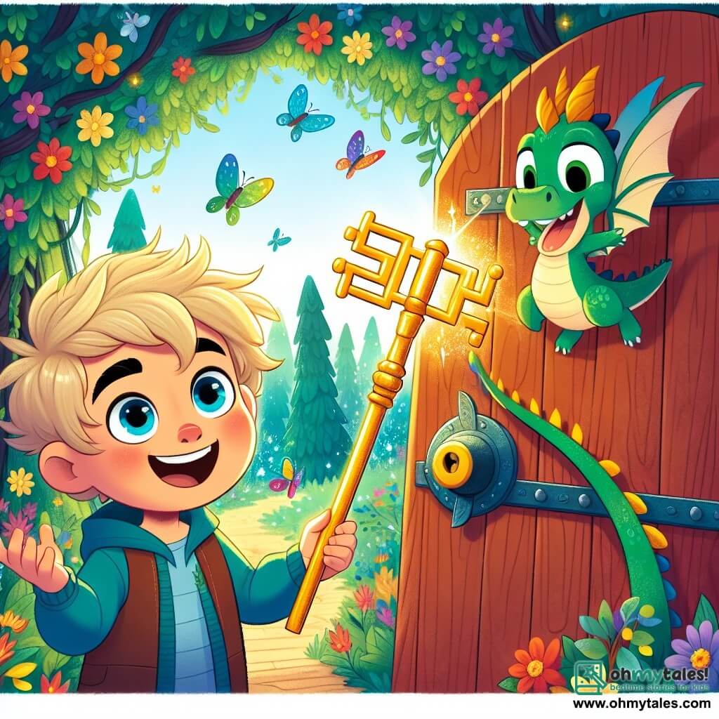A 4-year-old boy named Leo, with messy blonde hair and large sparkling blue eyes, stands in front of a huge wooden door covered in colorful flowers and green vines. He joyfully smiles, holding a shiny golden key that glimmers in the sunlight. Beside him, a friendly dragon named Spark, with bright green scales and gentle eyes, smiles as well, his wings slightly spread, ready to accompany him on the adventure. In the background, an enchanted forest stretches as far as the eye can see, with majestic trees and shimmering leaves, while colorful butterflies flutter around, adding a touch of magic to the scene. The main focus shows Leo inserting the golden key into the door's lock, with an expression of curiosity and wonder on his face, eager to discover the magical world hidden behind.