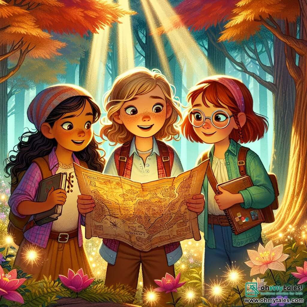 In an enchanted forest, three adventurous girls stand together. Mia, a 10-year-old with curly blonde hair and sparkling eyes, is in the center, holding an old map with a big smile on her face. To her right, Lily, a 9-year-old with smooth brown hair and glasses, looks at the map with curiosity, holding a notebook. On the left, Zoe, a 10-year-old with braided red hair and a paint palette attached to her belt, observes the bright flowers surrounding them. Their environment is a magical forest with tall, majestic trees, colorful leaves shimmering in the sunlight, and sparkling flowers illuminating the ground with a soft golden light. The three girls are exploring, discovering an ancient map that leads them to hidden treasure, while a gentle breeze makes the leaves dance around them, adding a touch of mystery to their adventure.