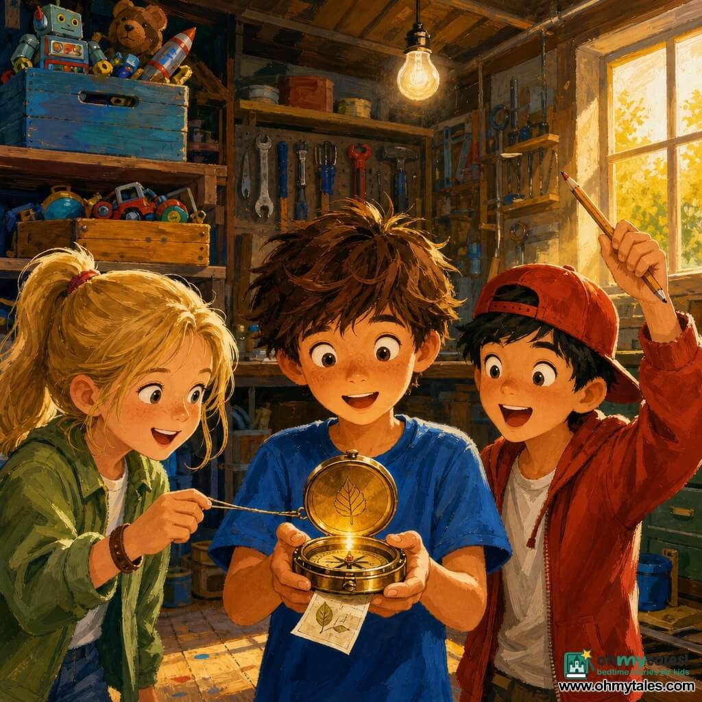 Three 8-year-olds—Milo, messy brown hair and blue T-shirt, standing center holding a small shining brass "POCKET TIME COMPASS" whose needle trembles and points to an engraved leaf as a small paper slips out; Nora, blond ponytail and green jacket, left, gently tugging the compass string and smiling; Sam, short black hair and red cap, right, holding a pencil like a salute with wide excited eyes—stand in a warm garage with striped wooden floor, cluttered shelves, a workbench, flickering overhead light and golden afternoon light through a window, all with expressions of wonder, ready for an adventure.