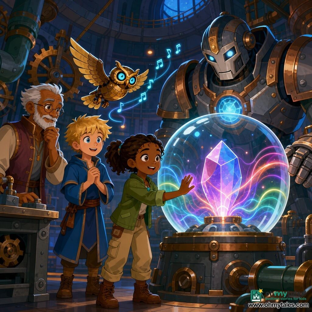 Eight-year-old Amara, smiling but focused, brown hair in a small ponytail, bright eyes, wearing a green canvas jacket and beige trousers, presses her palm to a glass dome and sings softly; behind her stands twelve-year-old apprentice magician Barris, tousled blond hair and a short blue robe, smiling and joining in with hands clasped; nearby Master Berrin, a 70-year-old human with a short white beard and round glasses, watches thoughtfully and moved by the scene; a small brass mechanical owl named Pip with glowing sapphire eyes hovers near Amara's right shoulder, emitting tiny luminous notes; a massive golem called Embersteel with brushed steel plates and copper highlights stands motionless behind the dome, its eyes glowing warm blue in resonance with the song; the setting is the Heartforge Hall, a vast circular orbital workshop of riveted steel walls, organic conduits, giant gears, suspended walkways, and a central glass dome enclosing a pulsing luminous crystal; as Amara sings with her hand on the dome the crystal pulses in colored waves, others around begin to sing, and the scene radiates wonder, unity, and mechanical awakening.