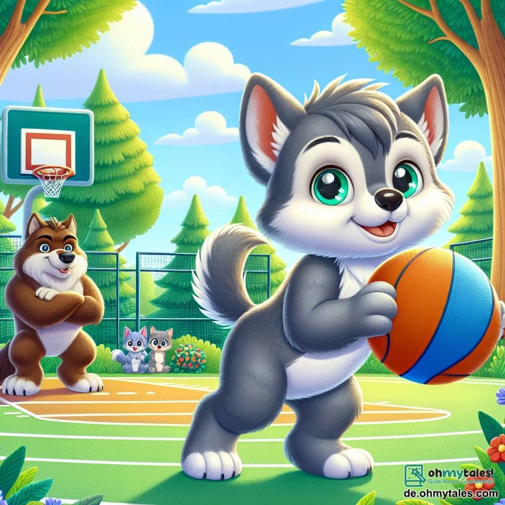 Ein kleiner Wolf namens Wolly, mit weichem grauem Fell und funkelnden Augen voller Entschlossenheit, steht auf einem grünen Basketballplatz, bereit, einen Wurf zu machen. Er lächelt breit, seine Hinterbeine fest auf dem Boden verankert, während er den bunten Ball über seinen Kopf hebt. Neben ihm schaut Rex, ein großer muskulöser Wolf mit braunem Fell, Wolly mit einem ermutigenden und stolzen Blick an, die Ohren aufgestellt und der Schwanz wackelnd, bereit, seinen Erfolg zu feiern. Er steht leicht im Hintergrund, die Pfoten übereinandergelegt, um seine Unterstützung zu zeigen. Der Ort ist ein Freiluft-Basketballplatz, umgeben von großen Bäumen mit leuchtend grünen Blättern, unter einem klaren blauen Himmel mit einigen schwebenden weißen Wolken. Bunte Blumen säumen das Spielfeld und verleihen der Umgebung eine fröhliche Note. Die Hauptsituation zeigt Wolly, der den Ball zum Korb wirft, während alle anderen Tiere des Waldes versammelt sind, gespannt und erwartungsvoll zuschauen, bereit, seinen unglaublichen Wurf zu applaudieren.