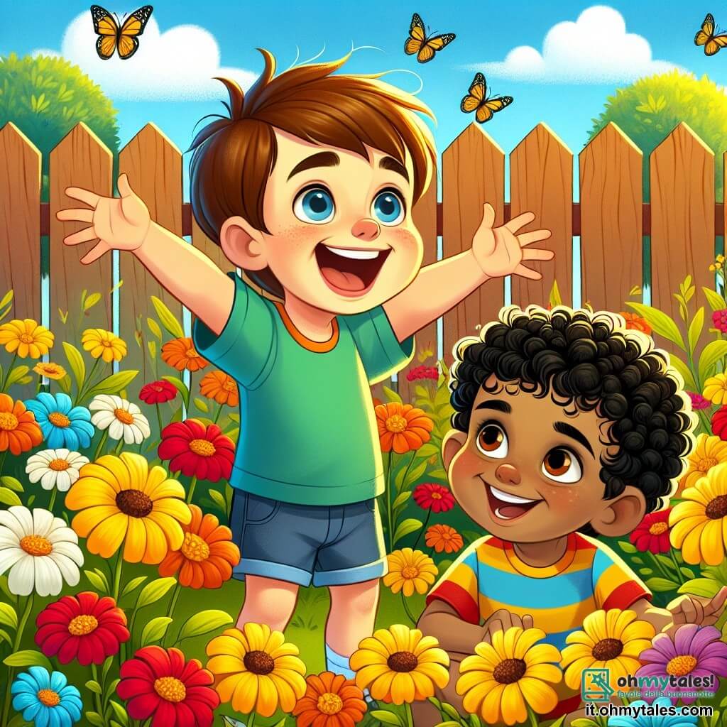 Un ragazzino di 4 anni di nome Luca, con capelli castani e occhi pieni di curiosità, si trova in un giardino colorato, circondato da fiori gialli brillanti. Sorride gioiosamente, con le braccia aperte, come se volesse condividere la sua gioia con il mondo. Accanto a lui, Amir, un ragazzo di 4 anni con la pelle scura e capelli ricci, ammira i fiori con un grande sorriso. Indossa una maglietta colorata e pantaloni corti, e si piega leggermente in avanti, affascinato dalla bellezza dei fiori. Il giardino è pieno di fiori di tutti i colori, con farfalle che volano intorno, creando un'atmosfera magica e gioiosa. Sullo sfondo, si vede una recinzione in legno e un cielo blu chiaro punteggiato di alcune nuvole bianche e soffici. La scena principale mostra Luca e Amir, mano nella mano, ridendo e scoprendo insieme la bellezza della diversità dei fiori, simboleggiando la loro nuova amicizia e la meraviglia di scoprire cose diverse.