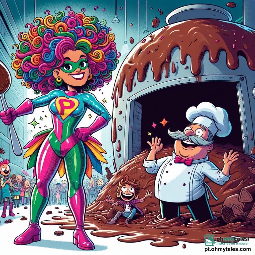 Super-Paty, uma mulher super-heroína com cabelos cacheados e coloridos, usa um traje brilhante de cores vivas com um grande logo em forma de colher no peito. Ela sorri radiante e tem olhos cheios de travessura, enquanto se posiciona orgulhosamente diante de um forno gigante transformado em um imenso bolo de chocolate, com os braços cruzados e uma expressão determinada. Ao seu lado, o Sr. Pão Duro, um homem de meia-idade com um bigode enrolado e um avental de padeiro, observa surpreso e divertido, com as mãos cobertas de cobertura, olhando para o bolo gigante. Um pouco mais adiante, o Capitão Confusão, um garoto de cabelos bagunçados vestido com um traje de vilão de cores chamativas, está sentado no chão, rindo após ter tropeçado em uma poça de chocolate. A cena ocorre em uma rua movimentada de Risolândia, onde crianças brincam e balões coloridos flutuam no ar. Os edifícios estão decorados com guirlandas e luzes festivas, criando uma atmosfera alegre e calorosa. A situação principal mostra Super-Paty triunfante, tendo salvado o dia ao transformar um forno perigoso em um bolo delicioso, enquanto os moradores da cidade se reúnem ao seu redor, rindo e celebrando com fatias de bolo nas mãos.