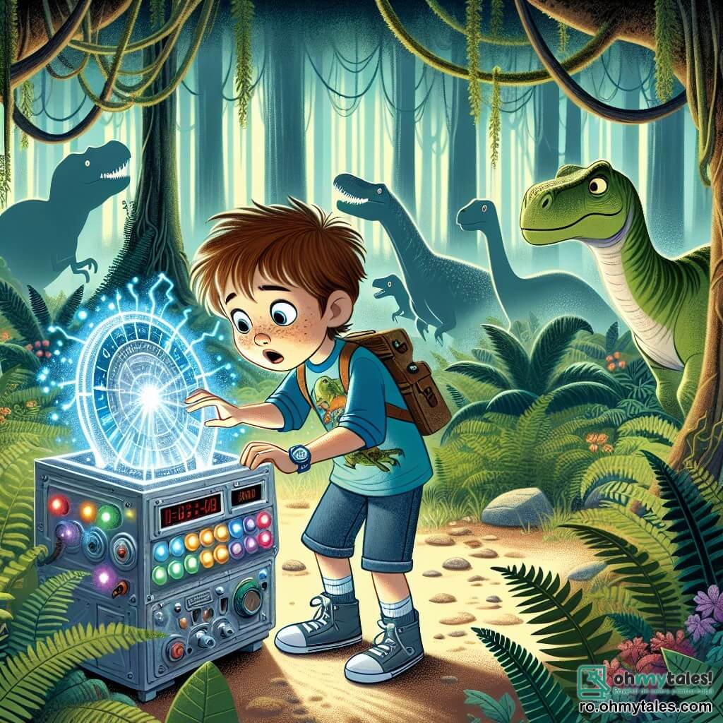 Un băiat de 10 ani, pe nume Andrei, stă în centrul imaginii, cu părul castaniu dezordonat și ochii strălucind de curiozitate. Poartă un tricou albastru cu un dinozaur imprimat și o pereche de pantaloni scurți din blugi, iar fața lui exprimă o mare excitație în timp ce descoperă o mașină misterioasă de călătorie în timp, o cutie metalică decorată cu butoane colorate care strălucesc. La dreapta lui, un brontosaur uriaș, cu pielea verde și ochi blânzi, se apleacă spre el, curios de acest mic om. Se află măreț în mijlocul unei păduri preistorice, înconjurat de ferigi uriașe și copaci mari cu trunchiuri groase. În fundal, siluete de dinozauri se conturează prin ceață, adăugând o notă de mister scenei. Situația principală îl arată pe Andrei apăsând un buton luminos al mașinii, în timp ce fulgere de lumină emană din aceasta, iluminându-i fața uimită. Atmosfera este plină de o magie palpabilă, amestecând aventură și descoperire într-o lume unde trecutul și prezentul se întâlnesc.