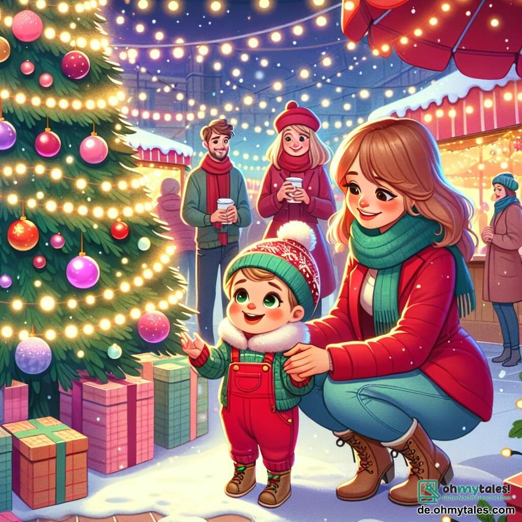 Ein kleiner Junge von einem Jahr mit runden Wangen und funkelnden Augen trägt einen niedlichen roten Overall und eine süße Weihnachtsmütze. Er steht lächelnd und voller Staunen vor einem großen, festlich geschmückten Weihnachtsbaum mit glitzernden Lichtern und bunten Kugeln. Neben ihm kniet seine Mama, eine Frau in ihren Dreißigern, in einer schönen roten Jacke mit einem warmen Lächeln und streckt die Arme nach ihrem Sohn aus, voller Zärtlichkeit und Freude. Ein bisschen weiter steht sein Papa, ein Mann in seinen Dreißigern mit einem weichen Bart und einem grünen Schal, der sie stolz beobachtet und eine Tasse heiße Schokolade hält. Die Szene spielt auf einem lebhaften Weihnachtsmarkt mit bunten Ständen, Lichtergirlanden und sanft fallendem Schnee. Die Menschen um sie herum sind fröhlich, und die Luft ist erfüllt vom Duft von Plätzchen und heißen Maronen. Der kleine Junge sucht in der Menge nach seinen Eltern, fasziniert von den Lichtern und Dekorationen, während ein lächelnder Teddybär neben ihm erscheint, bereit, ihm zu helfen, seine Familie zu finden.