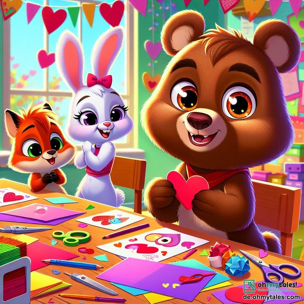 Ein kleiner brauner Bär namens Bruno, mit einem großen Lächeln und funkelnden Augen, sitzt an einem bunten Tisch, umgeben von buntem Papier, Scheren und Glitzer, und bastelt Valentinskarten. Neben ihm schaut seine beste Freundin, Lotti der Hase, mit großen Ohren und weißem Fell, begeistert auf die Karten, die sie herstellen, ihre Augen strahlen vor Freude. Ein kleiner, schüchterner Eichhörnchen mit rotem Fell steht etwas abseits und hält eine selbstgemachte Karte, mit einem Ausdruck von Aufregung und Nervosität. Die Szene spielt in einem hellen Klassenzimmer, geschmückt mit hängenden Papierherzen und bunten Girlanden, mit Fenstern, die Sonnenlicht hereinlassen und den Raum erhellen. Bruno, Lotti und das Eichhörnchen sind voller Kreativität, tauschen Ideen und Lachen aus, während sich bunte Karten um sie herum ansammeln, die Freundschaft und die Freude des Valentinstags symbolisieren.