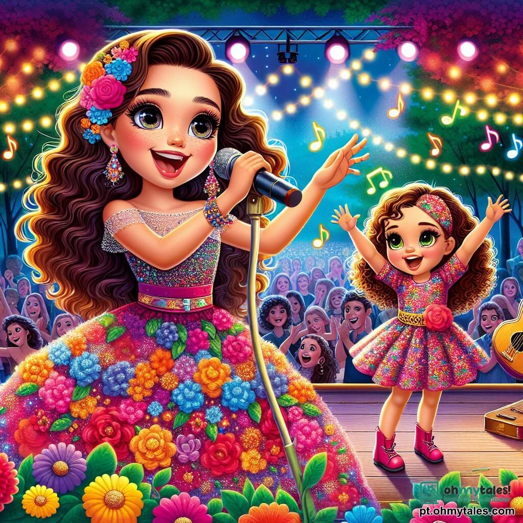Clara, uma jovem com cabelos longos e cacheados, brilha de alegria no palco, vestida com um vestido colorido que brilha sob as luzes. Seu rosto expressa excitação e paixão enquanto canta com um microfone na mão, cativando o público. Ao seu lado, Lúcia, uma menina de 8 anos com cabelos encaracolados e olhos brilhantes, sorri com orgulho, usando um lindo vestido de flores e segurando uma pequena guitarra, pronta para acompanhar Clara. O cenário é um parque vibrante, cheio de flores coloridas e notas musicais flutuando no ar, com uma multidão entusiasmada aplaudindo e sorrindo. As árvores ao redor estão decoradas com luzes, criando uma atmosfera mágica e festiva. Clara e Lúcia cantam juntas, compartilhando seu amor pela música e a alegria de se apresentar para um público encantado.