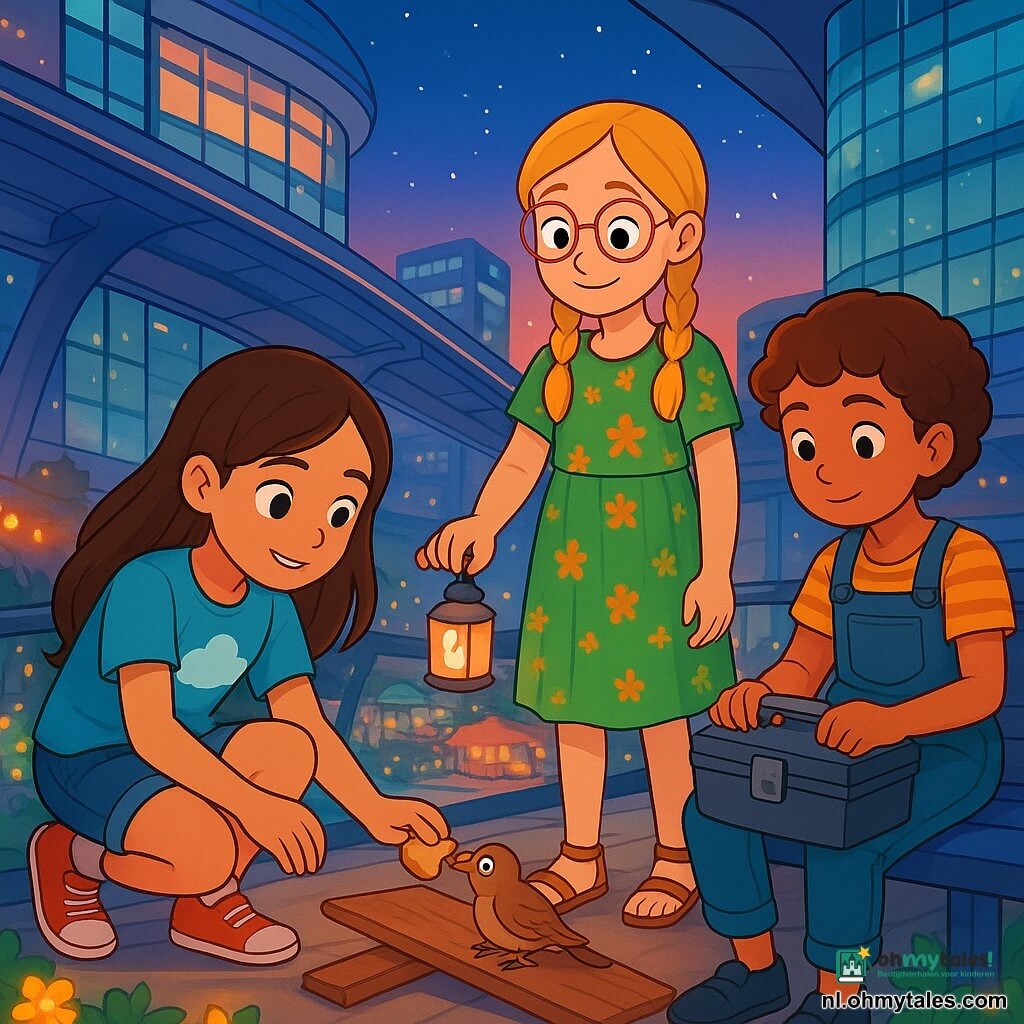 Er zijn 3 personages: - Noor: een 9-jarig meisje met lang bruin haar en sprankelende ogen. Ze draagt een blauwe t-shirt met een wolkenpatroon en een spijkerbroek. Ze zit in een hurkende positie en houdt een stuk brood vast om een vogel te voeden. - Liva: een 9-jarig meisje met blonde vlechten en een iets scheve bril. Ze draagt een groene bloemenjurk en sandalen. Ze staat naast Noor, glimlachend en houdt een kleine lamp met zacht licht vast. - Faye: een 9-jarig meisje met kort, krullend haar, gekleed in een spijkeroverall en een gestreept t-shirt. Ze zit op een bank, houdt een gereedschapskist vast en kijkt aandachtig naar de scène. De locatie is een prachtige futuristische hangbrug, hangend tussen twee grote glanzende gebouwen. De brug is versierd met lichtgevende bloemen die zachtjes stralen in het avondlicht. Onder de brug is de stad Lumen levendig, met transparante trams die stilletjes voorbij glijden en kleurrijke markten verlicht door drijvende lantaarns. De hoofdscène toont de drie meisjes die een klein vogeltje redden dat onder een plank van de brug vastzit. Noor steekt voorzichtig haar hand uit om de vogel te bevrijden, terwijl Liva de scène verlicht met haar lamp en Faye haar gereedschap gebruikt om de plank aan te passen. De sfeer is vol kameraadschap en avontuur, met sterren die beginnen te stralen in de schemerige lucht.