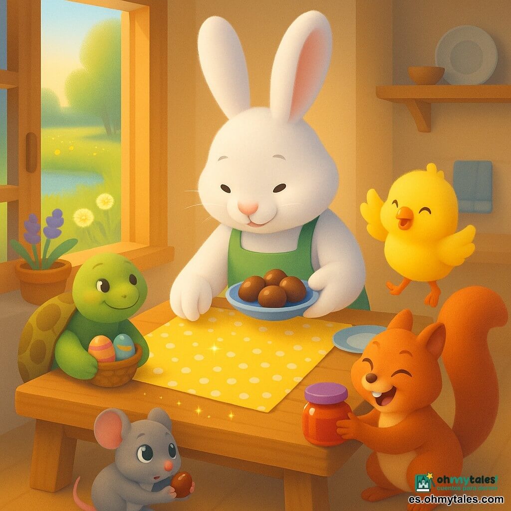 Lupo, un gran conejo blanco de largas orejas flexibles y pequeño delantal verde, sonríe mientras coloca un tapete amarillo con lunares blancos sobre una mesa de madera y sostiene un plato con bombones brillantes; Tila, una tortuga redonda de caparazón moteada marrón y verde, parece feliz y tímida a la izquierda con una cesta de huevos pintados; Pío, un pollito amarillo esponjoso, excitado a la derecha de Lupo, hace sonar una campanilla dorada; Mara, una ardilla rojiza de cola esponjosa, ríe y ofrece un tarro de mermelada en primer plano; Nube, un pequeño ratón gris de grandes ojos, sorprendido y emocionado, está agachado junto a la pata de la mesa con un bombón envuelto en papel plateado; la escena ocurre en una cocina rústica abierta a un prado primaveral con luz dorada matinal, flores en el alféizar y un estanque al fondo; los amigos se reúnen alrededor de una mesa decorada de Pascua y comparten chocolates entre chispas de luz dorada, con colores vivos y formas suaves.