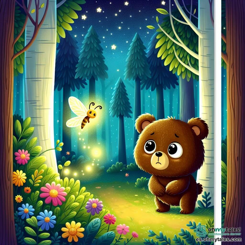 Un pequeño oso marrón, con grandes ojos redondos y un pelaje suave, se encuentra en el centro de la escena, con una expresión de miedo en su rostro. A su derecha, una luciérnaga brillante, pequeña y delicada, flota alegremente en el aire, iluminando el camino del pequeño oso. El escenario es un bosque encantado en la noche, con árboles majestuosos y hojas que brillan bajo la luz de las estrellas, mientras flores coloridas emergen del suelo, añadiendo un toque de magia. La situación principal muestra al pequeño oso, dudoso y temeroso, mientras la luciérnaga lo anima a avanzar a través del hermoso paisaje nocturno.