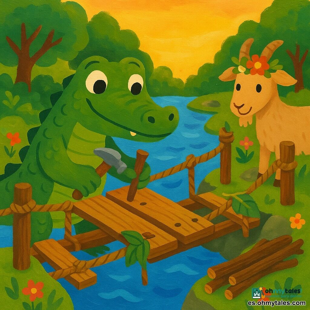 Un cocodrilo verde esmeralda, ancho y sonriente, de mirada concentrada y amable, clava una tabla del puente con una plancha de madera y un martillo, mientras Berto, un íbice marrón claro con pequeñas astas curvadas y un casco de flores, en la orilla opuesta y junto a las herramientas, trae ramas fuertes; la escena junto a un amplio río azul ondulado, con árboles verdes, rocas musgosas y flores, bajo un cielo dorado al atardecer, muestra la construcción de un puente rústico de madera con tablas incompletas, cuerdas trenzadas y hojas como reparaciones, en una atmósfera cálida y cooperativa.