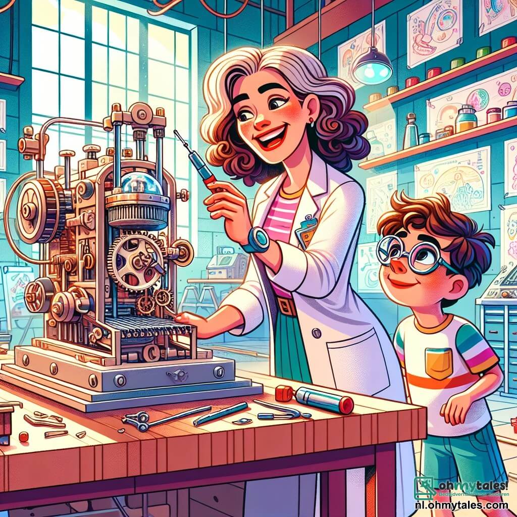Een vrouwelijke uitvinder van ongeveer dertig jaar met krullend haar en een laboratoriumjas glimlacht vrolijk terwijl ze een gereedschap in haar hand houdt. Haar ogen fonkelen van opwinding terwijl ze een fascinerende machine laat zien aan een tienjarig jongetje met bruin haar en ronde bril, dat met verwondering kijkt. Het jongetje, gekleed in een kleurrijk t-shirt en een short, staat naast haar met zijn handen op zijn heupen, klaar om te helpen. De scène speelt zich af in een grote, lichte werkplaats vol vreemde machines, verspreide plannen en glinsterende metalen onderdelen. Achtergrond met planken vol boeken en gereedschappen, terwijl een raam zonlicht binnenlaat dat de creatieve ruimte verlicht. De uitvinder en het jongetje werken samen aan een prototype van een machine die is ontworpen om de oceanen te reinigen, omringd door tekeningen en kleurrijke schetsen aan de muren, die hun passie voor uitvinding en milieubescherming symboliseren.