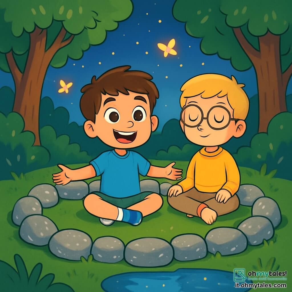 Ci sono 2 personaggi principali: Luca, un ragazzo di 8 anni con capelli castani e occhi curiosi, indossa una maglietta blu e pantaloni verdi, seduto al centro di un cerchio di pietre con le braccia aperte e un grande sorriso; Matteo, un ragazzo di 8 anni con capelli biondi e occhiali tondi, indossa un maglione giallo e pantaloni beige, seduto accanto a Luca con gli occhi chiusi, respirando profondamente e mostrando un'espressione di serenità. La scena si svolge in un meraviglioso cerchio di pietre scintillanti, circondato da alberi maestosi e un prato verde. Un piccolo specchio d'acqua riflette le stelle nel cielo notturno, mentre farfalle di luce danzano attorno a loro, creando un'atmosfera magica. Luca e Matteo sono seduti insieme, respirando calmamente e lasciandosi trasportare dalla bellezza della natura e dal silenzio, mentre le farfalle di luce fluttuano intorno, creando un'atmosfera da sogno e di serenità.