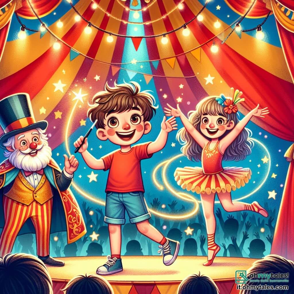 Un ragazzo di 11 anni, Marco, con capelli castani arruffati e un grande sorriso, si trova al centro del palco, con le braccia aperte, meravigliato dall'atmosfera del circo. Indossa una maglietta rossa e pantaloni corti blu, e i suoi occhi brillano di eccitazione. Accanto a lui, il Mago Gigi, un uomo anziano con una lunga barba bianca e un cilindro, sorride orgogliosamente mentre tiene una bacchetta magica scintillante, pronto a incoraggiarlo. Un po' più in là, la ballerina della corda, una ragazza di circa 10 anni, vestita con un abito colorato e leggero, esegue una pirouette graziosa, aggiungendo un tocco di magia. Il luogo è un circo splendente, con un grande tendone a strisce rosse e gialle, illuminato da festoni di luci scintillanti. Stand di popcorn e caramelle colorate circondano il palco, mentre un pubblico entusiasta applaude e ride. La scena principale mostra Marco su una grande palla di equilibrismo, con le braccia alzate, pronto a eseguire un numero spettacolare, mentre il Mago Gigi e la ballerina della corda lo incoraggiano con sorrisi radiosi, creando un'atmosfera di gioia e meraviglia.