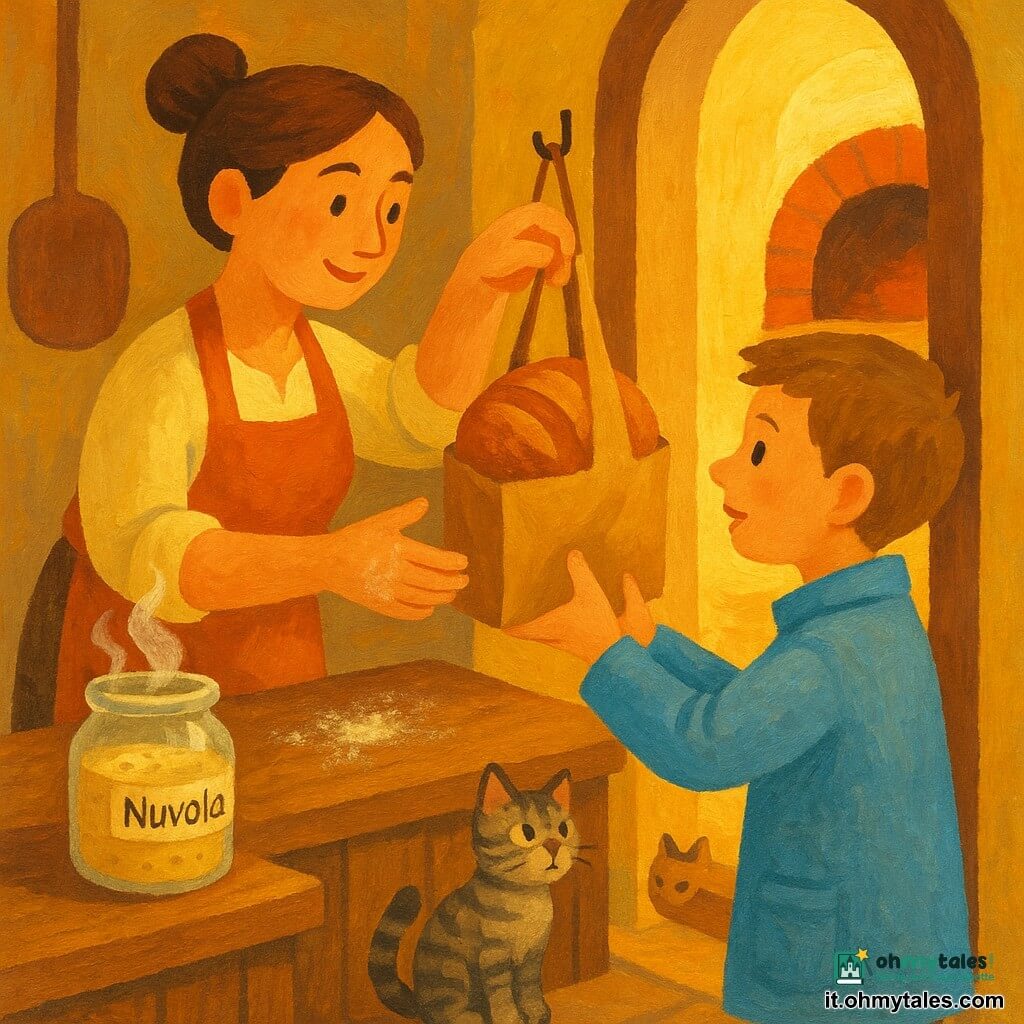 Lina, una donna panettiera dal viso dolce e sorridente, capelli castani raccolti in uno chignon e mani calde coperte di farina bianca, porge delicatamente un sacchetto di carta marrone contenente una grande pagnotta rotonda appeso a un piccolo gancio esterno; un ragazzo di circa 12 anni, capelli corti e cappotto azzurro chiaro, la guarda con gratitudine e tende la mano per prendere il sacchetto, leggermente avanzato sotto la piccola arcata della panetteria; sul bancone c'è un vaso di lievito madre chiamato Nuvola, barattolo di vetro traslucido con grandi bolle bianche ed etichetta scritta a mano, una leggera vaporizzazione ne suggerisce la vivacità senza essere umano; un gattino tigrato è seduto sulla soglia, orecchie dritte e sguardo curioso verso il sacchetto, coda avvolta intorno alle zampe; interno di una panetteria accogliente con bancone in legno consumato, farina spolverata, pala di legno appesa e forno in mattoni rossi aperto sullo sfondo, luce dorata del mattino che filtra dalla vetrina creando ombre morbide; situazione principale: la donna appende un "pane sospeso" in un sacchetto vicino alla porta con un gesto tenero, atmosfera calma e benevola, colori caldi (ocra, marrone, ambra) e texture visibili della crosta e dei granelli di farina.