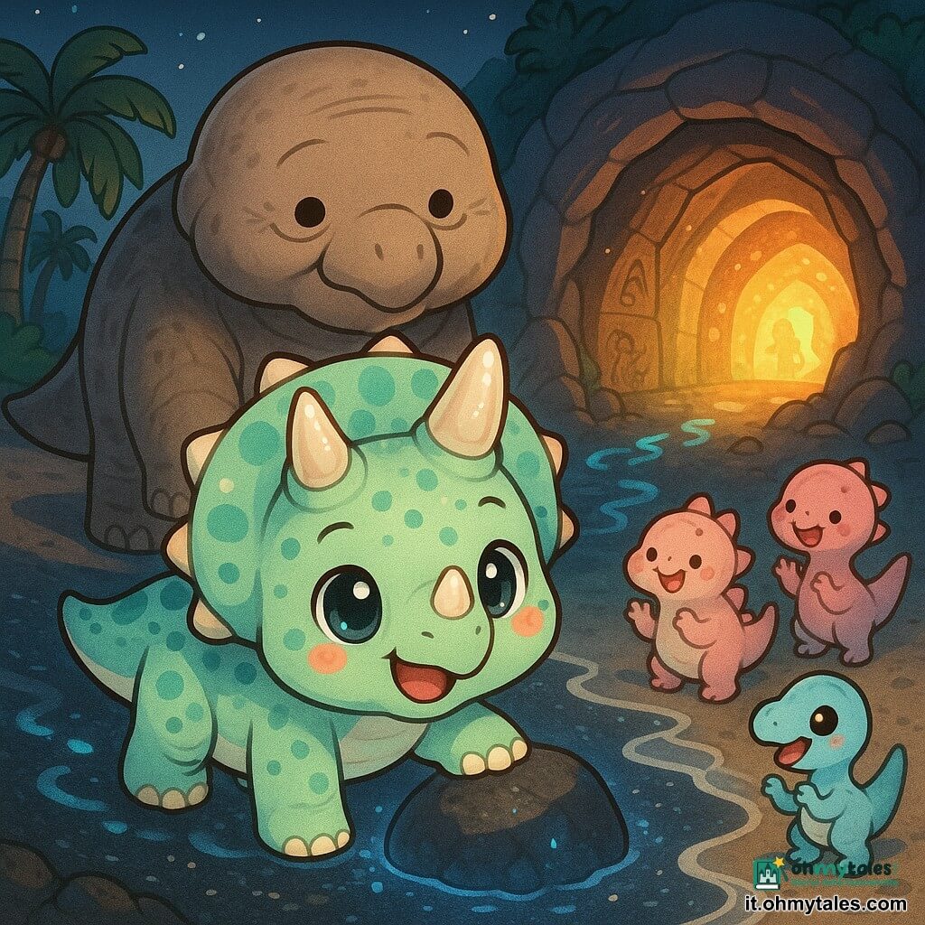 Trixie, una giovane triceratopo, sorride coraggiosamente con grandi occhi luminosi e guance rosate, corna lisce perlate e pelle verde menta macchiata; posa una zampa su una grossa roccia nera che si illumina sotto di essa. Narradonte, un vecchio dinosauro saggio e paffuto dalla pelle bruno-grigiastra e occhi dolci, sta dietro Trixie guardandola con orgoglio e proteggendola. Alcuni piccoli dinosauri giocosi (uno stegosauro rosa e un velociraptor azzurro pastello) osservano dalla riva, saltellando curiosi e applaudendo a breve distanza a destra. La spiaggia è sabbia nera scintillante, palme ricurve, onde argentee e impronte luminose blu che conducono all’ingresso di una caverna semiaperta che emette una calda luce multicolore. La scena mostra Trixie mentre scopre la caverna magica: luce pulsante, pietre incise da storie antiche e un’atmosfera dolce, sicura e piena di meraviglia.