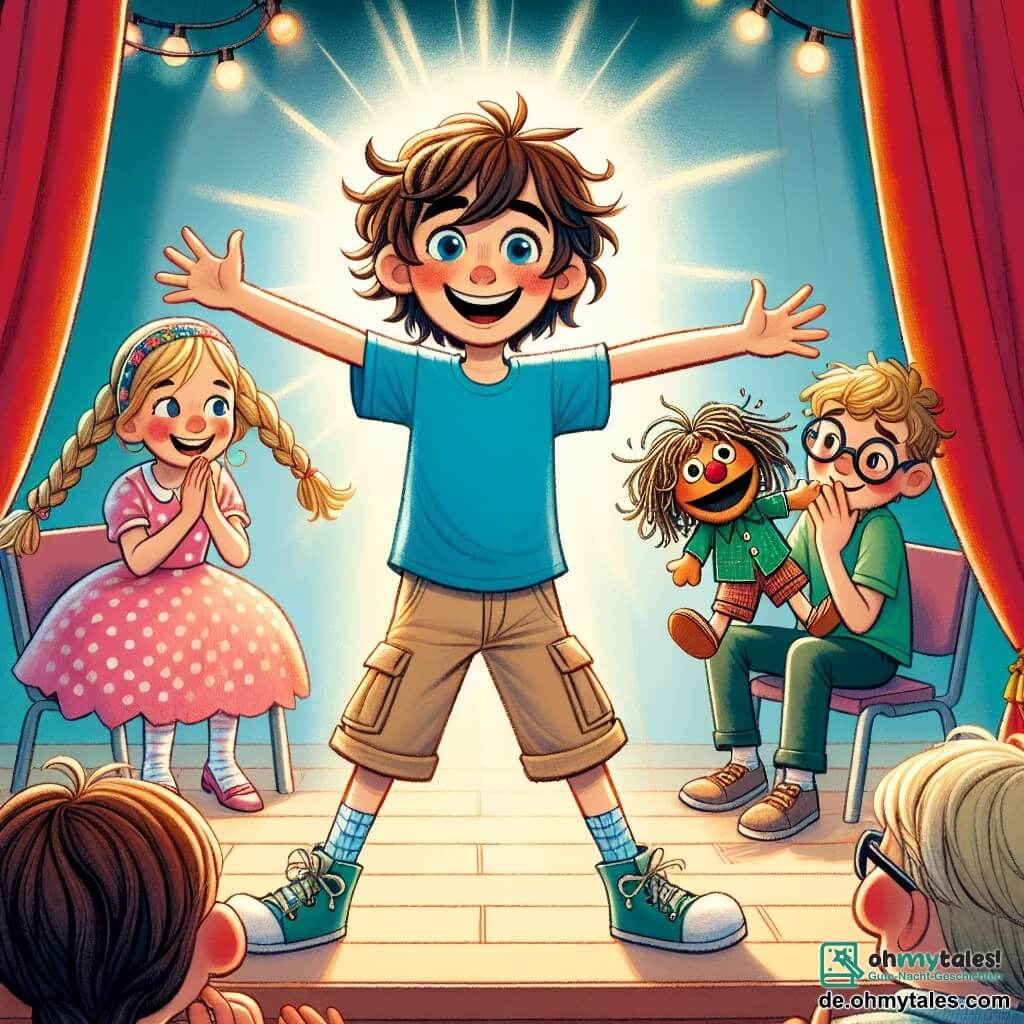 Ein 8-jähriger Junge, Lukas, steht auf einer Theaterbühne mit einem strahlenden Lächeln im Gesicht. Er hat zerzauste braune Haare, funkelnde Augen und trägt ein leuchtend blaues T-Shirt und beige Hosen. Seine Arme sind offen, als ob er das Publikum willkommen heißt, und er strahlt vor Selbstvertrauen. Neben ihm applaudiert seine beste Freundin Mia, ein 8-jähriges Mädchen mit langen, geflochtenen blonden Haaren. Sie trägt ein rosa gepunktetes Kleid und ein buntes Haarband und steht leicht vor ihm, um ihn mit einem großen Lächeln zu ermutigen. Hinter ihnen sitzt Tim, ein 8-jähriger Junge mit braunen Haaren und runden Brillen, bewundernd auf einem Stuhl. Er trägt ein grünes T-Shirt und Shorts und hält eine kleine Marionette bereit für den nächsten Akt. Die Bühne ist mit leuchtend roten Vorhängen und funkelnden Lichtern dekoriert, mit Papiersternen an der Decke, die eine magische und fröhliche Atmosphäre schaffen. Das Publikum, bestehend aus Eltern und Freunden, sitzt auf Holzbänken, ihre Gesichter erleuchtet von Aufregung. Die Hauptsituation zeigt Lukas, der leidenschaftlich seine Rolle spielt, während seine Freunde ihn unterstützen, was das Thema Selbstvertrauen und Freundschaftsunterstützung verdeutlicht.