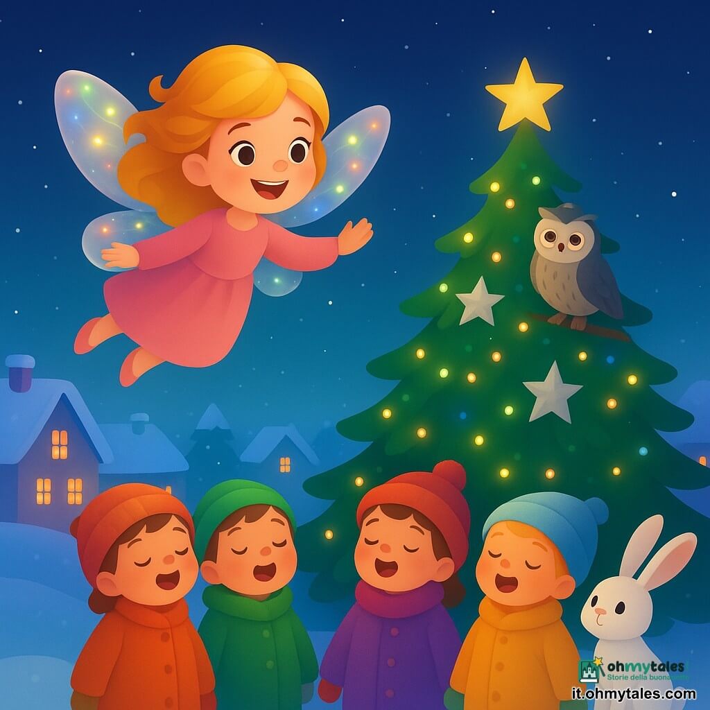 Una piccola fata di nome Luna, con ali scintillanti come luci di Natale, fluttua gioiosamente nell'aria. Ha capelli dorati e un sorriso radioso, i suoi occhi brillano di felicità. Intorno a lei, un gruppo di bambini del villaggio, avvolti in cappotti colorati, canta gioiosamente vicino a un grande albero di Natale decorato con ghirlande luminose e stelle d'argento. Il vecchio gufo Filo, un saggio gufo dalle piume grigie e dagli occhi benevoli, è appollaiato su un ramo dell'albero, osservando la scena con un'aria serena. Il coniglietto Pippo, un piccolo coniglio bianco dalle lunghe orecchie, si trova accanto ai bambini, i suoi occhi brillano di curiosità. La scena si svolge in un villaggio innevato, con tetti coperti di neve e luci di Natale che illuminano le case. La situazione principale mostra Luna e i bambini che cantano insieme, creando un'atmosfera calda e festosa sotto un cielo stellato.