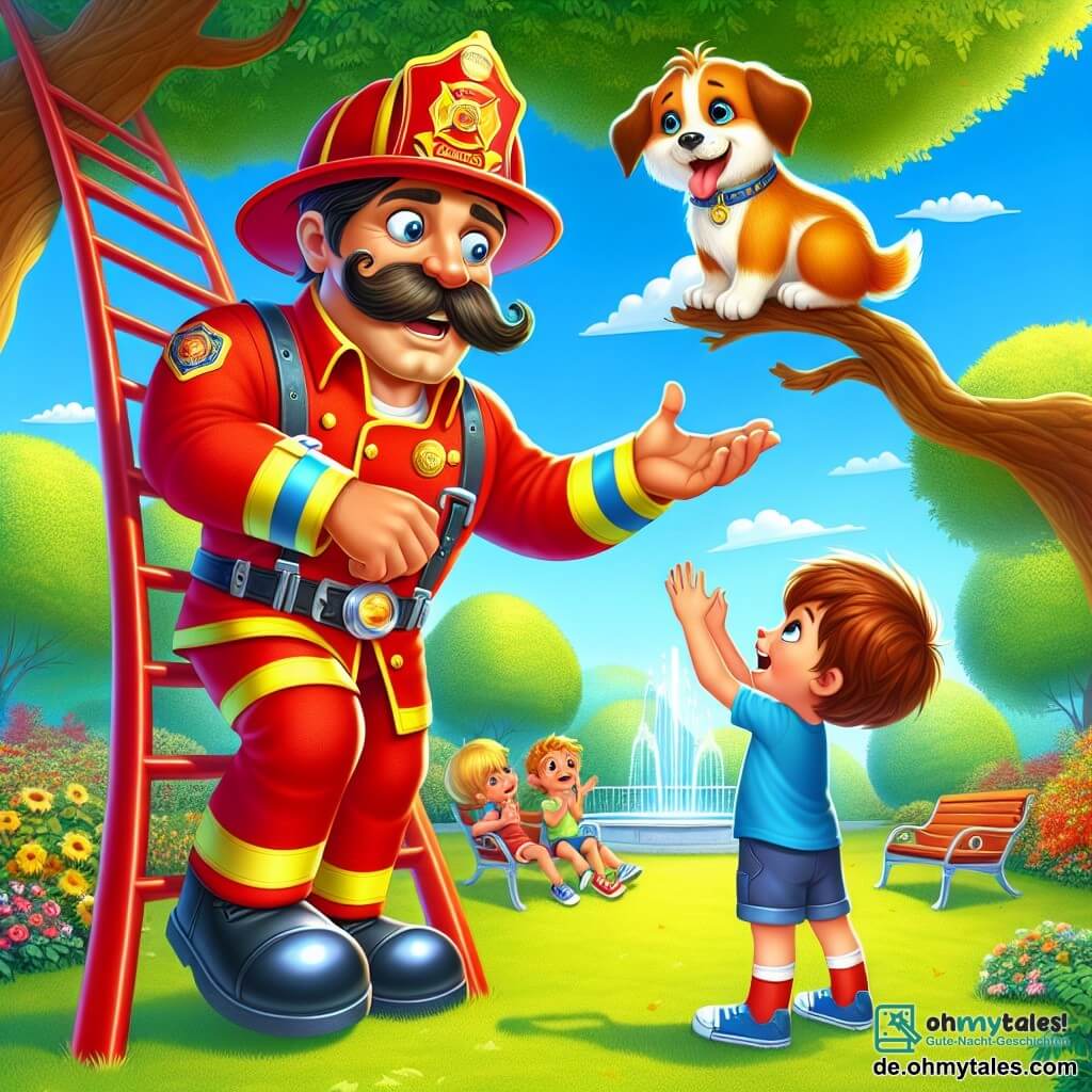 Ein Feuerwehrmann namens Max, ein muskulöser Mann mit einem großen Schnurrbart und einem warmen Lächeln, steht auf einer roten Leiter und streckt die Arme nach einem kleinen Hund aus, der auf einem Ast sitzt. Max trägt eine leuchtend rote Uniform mit einem glänzenden Helm, und sein Gesicht zeigt Entschlossenheit und Freundlichkeit. Neben ihm steht ein etwa 8-jähriger Junge mit zerzausten braunen Haaren und weit aufgerissenen Augen vor Aufregung. Er trägt ein blaues T-Shirt und Shorts und steht mit erhobenen Armen bereit, um zu applaudieren. Die Szene spielt in einem grünen Park mit majestätischen Bäumen, bunten Blumen und einem strahlend blauen Himmel. In der Ferne spielen Kinder auf einer Schaukel. Die Hauptsituation zeigt Max, den Feuerwehrmann, der den kleinen Hund rettet, der besorgt bellt, während der Junge seinen Helden begeistert anfeuert.